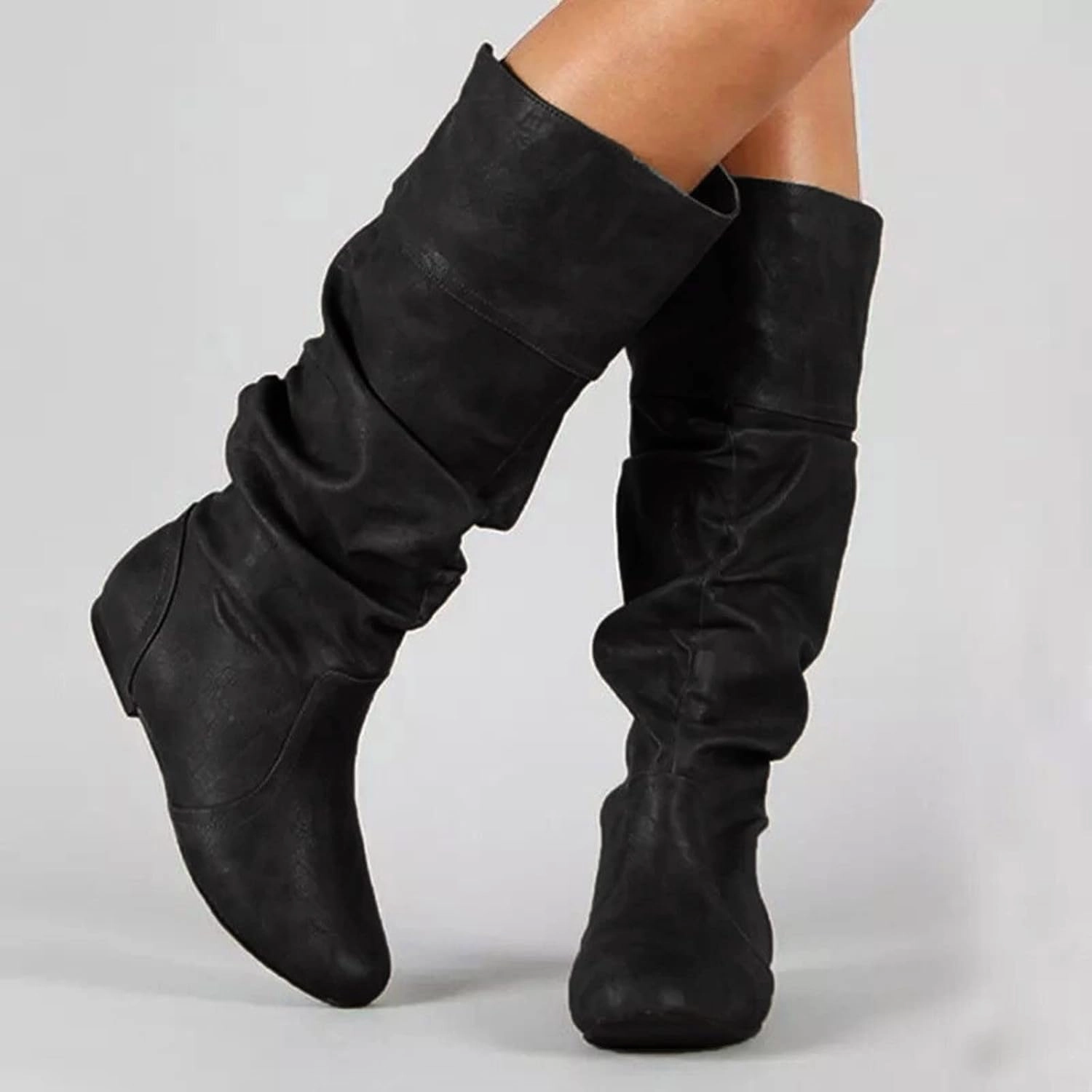 Knee High Boots With Leather Skirt Boots for Women Knee High Flat Bottom Slouchy Tall Boots Pull On Almond Toe Thigh High Fashion Fall Winter Dressy Boots