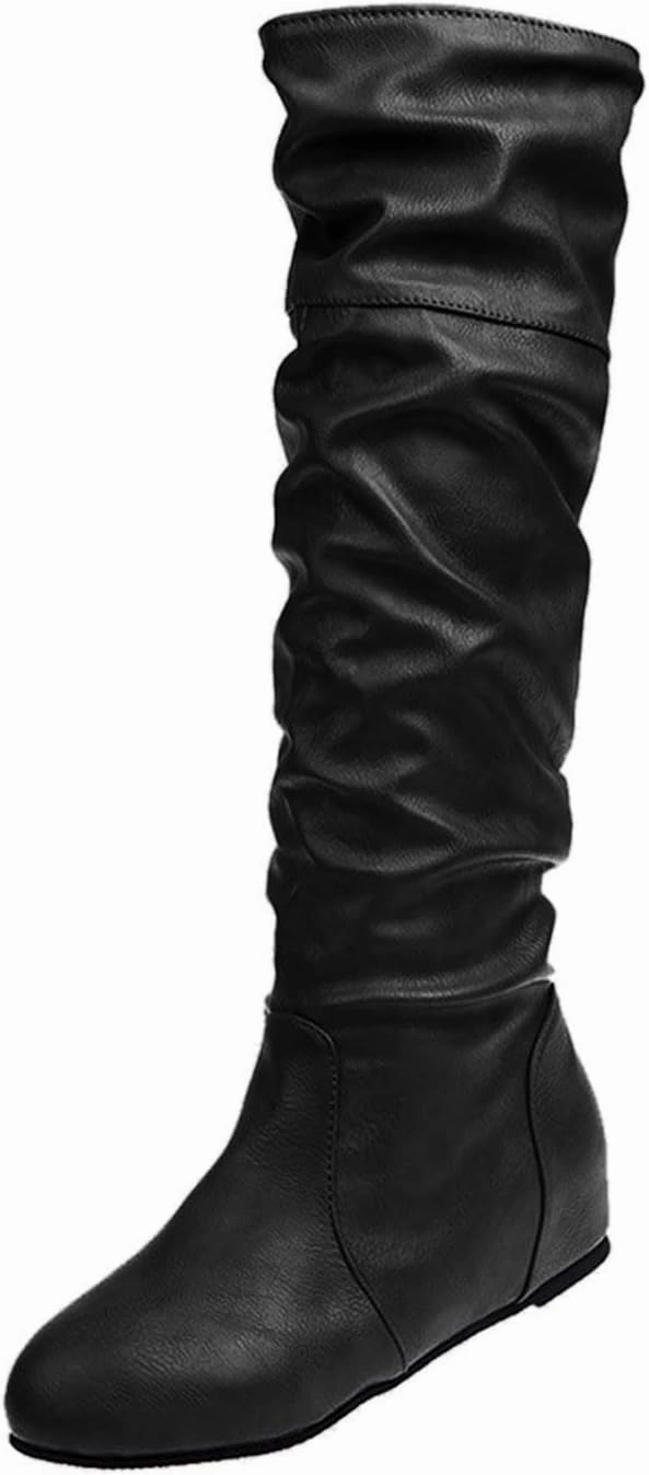 Boots for Women Knee High Flat Bottom Slouchy Tall Boots Pull On Almond Toe Thigh High Fashion Fall Winter Dressy Boots Knee High Boots 2 Inch Heel