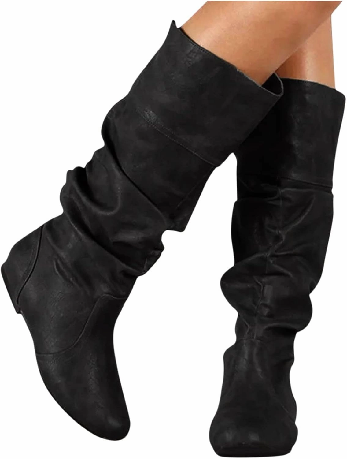 Boots for Women Knee High Flat Bottom Slouchy Tall Boots Pull On Almond Toe Thigh High Fashion Fall Winter Dressy Boots Over The Knee High Boots Chunky Heel