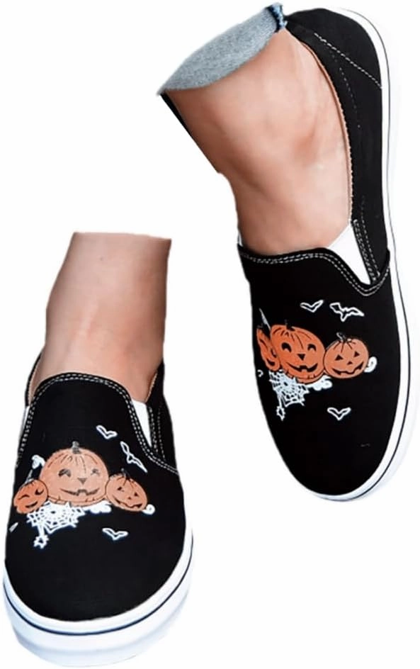 Halloween Shoes for Women, Comfort Low Top Canvas Slip On Sneakers Classic Casual Walking Shoes Comfotable Boat Casual Shoes with Arth Support Fashion Pumpkin Print Canvas Sneakers Top Training Shoes
