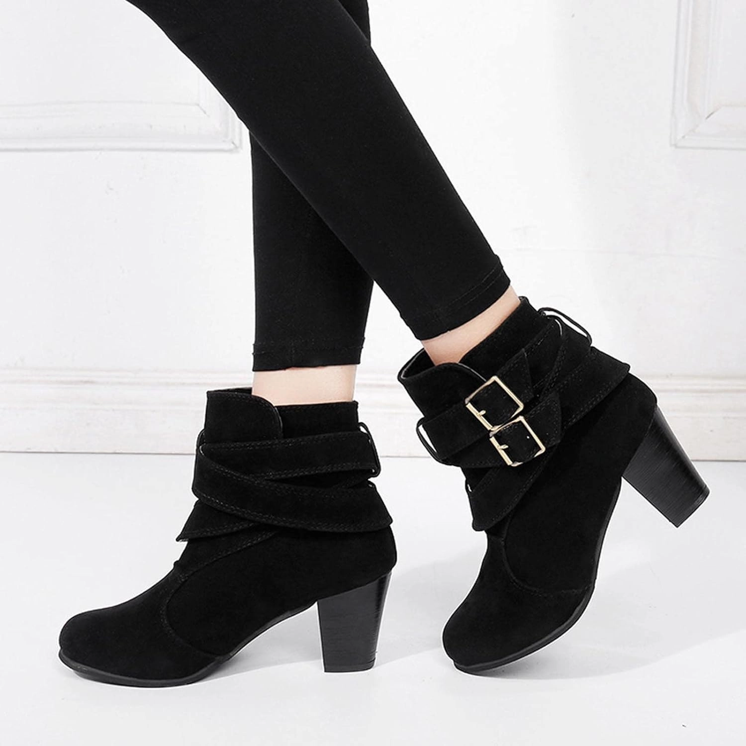 Women's Chunky High Heel Ankle Booties Sexy Round Toe Buckle Strap High Heels Mid Calf Boots Winter Shoes Gillian Leather Block Heel Knee-high Boots