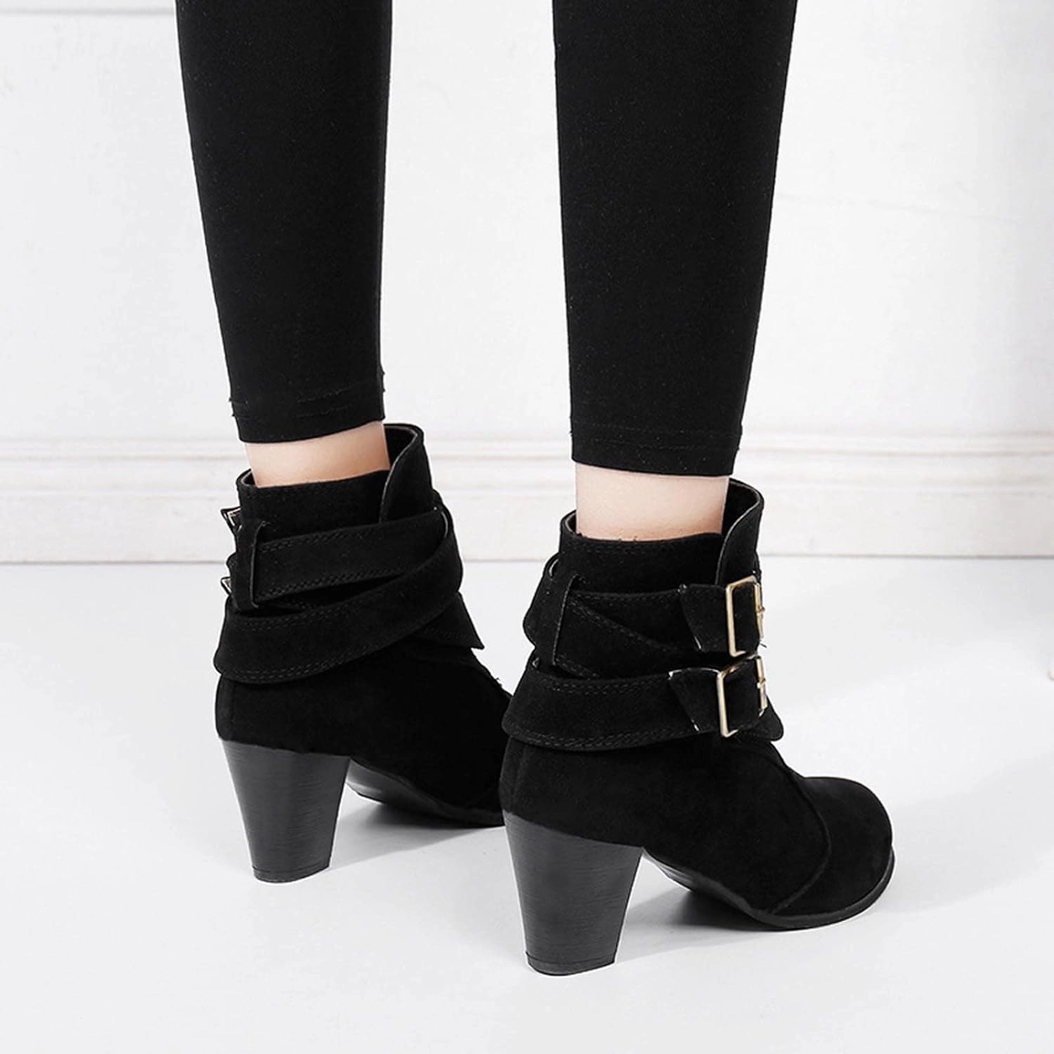 Women's Chunky High Heel Ankle Booties Sexy Round Toe Buckle Strap High Heels Mid Calf Boots Winter Shoes Low Heel Wide Calf Knee High Boots