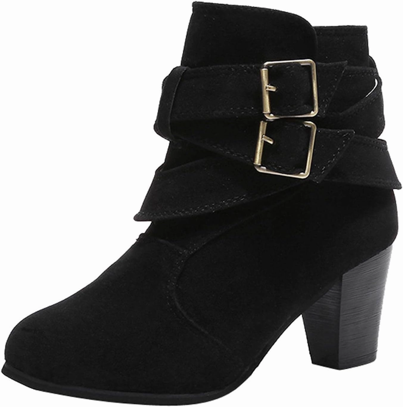 12 Inch Calf Knee High Boots Women's Chunky High Heel Ankle Booties Sexy Round Toe Buckle Strap High Heels Mid Calf Boots Winter Shoes