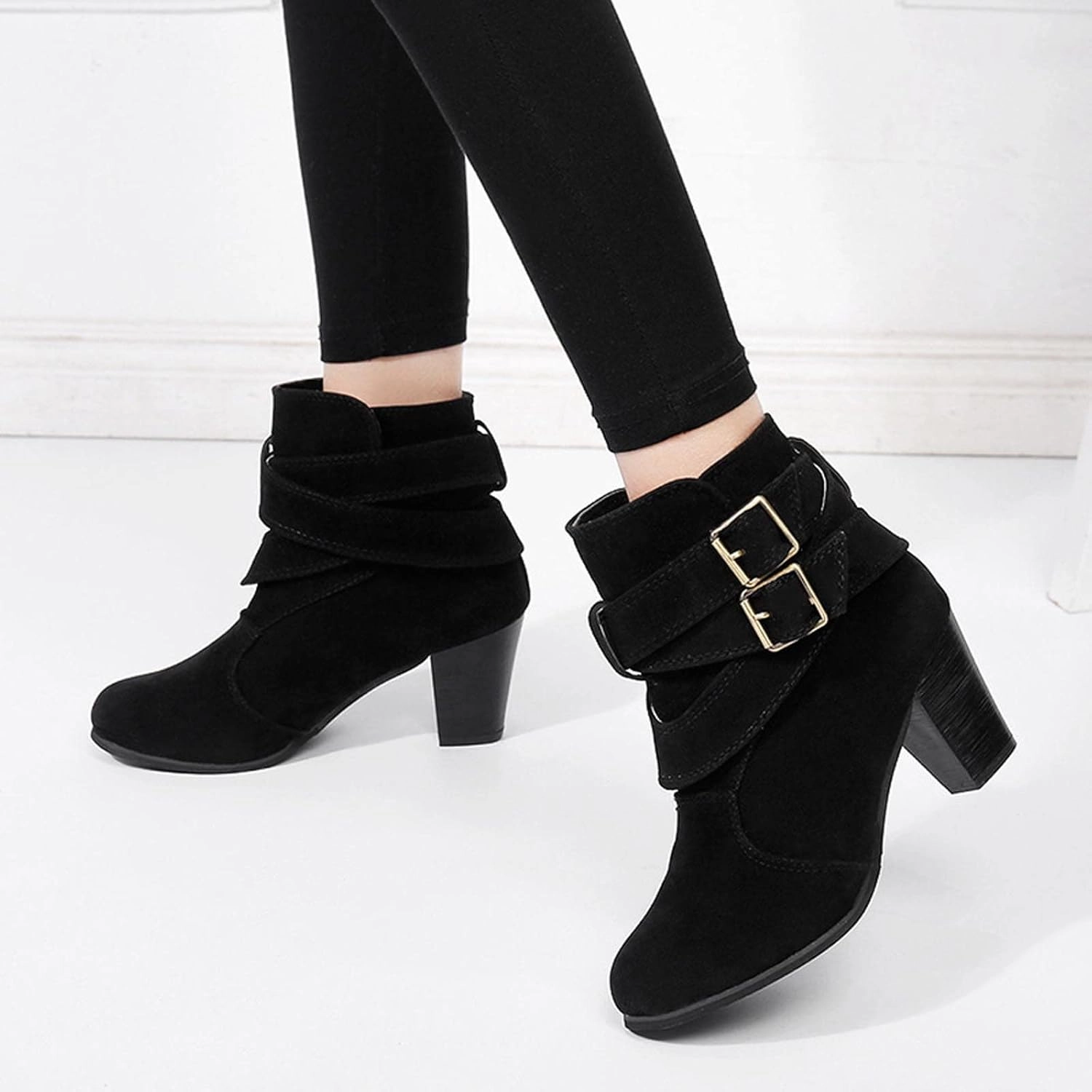Women's Chunky High Heel Ankle Booties Sexy Round Toe Buckle Strap High Heels Mid Calf Boots Winter Shoes Knee High Cowboy Boots Leather