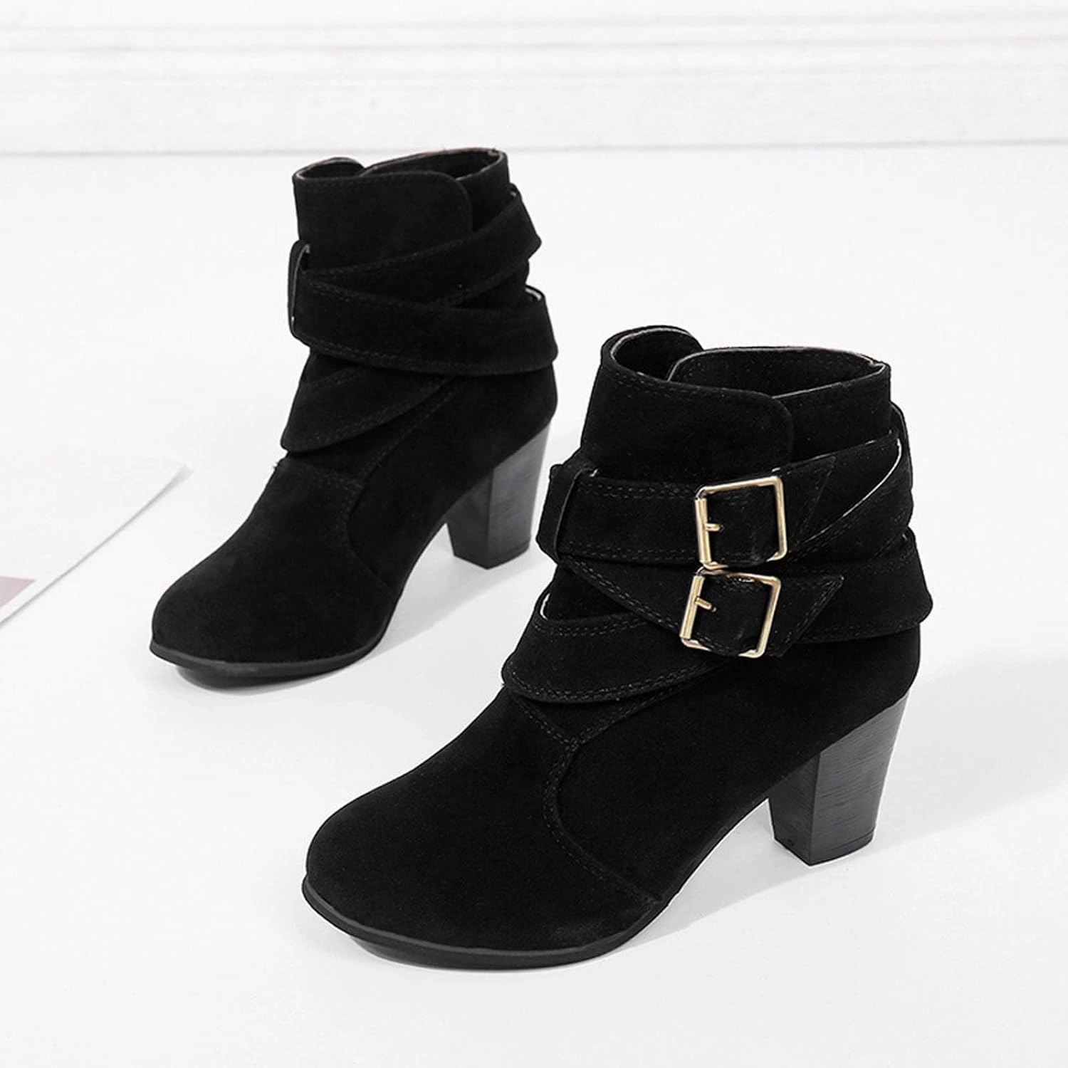 Women's Chunky High Heel Ankle Booties Sexy Round Toe Buckle Strap High Heels Mid Calf Boots Winter Shoes Flat Knee High Boot