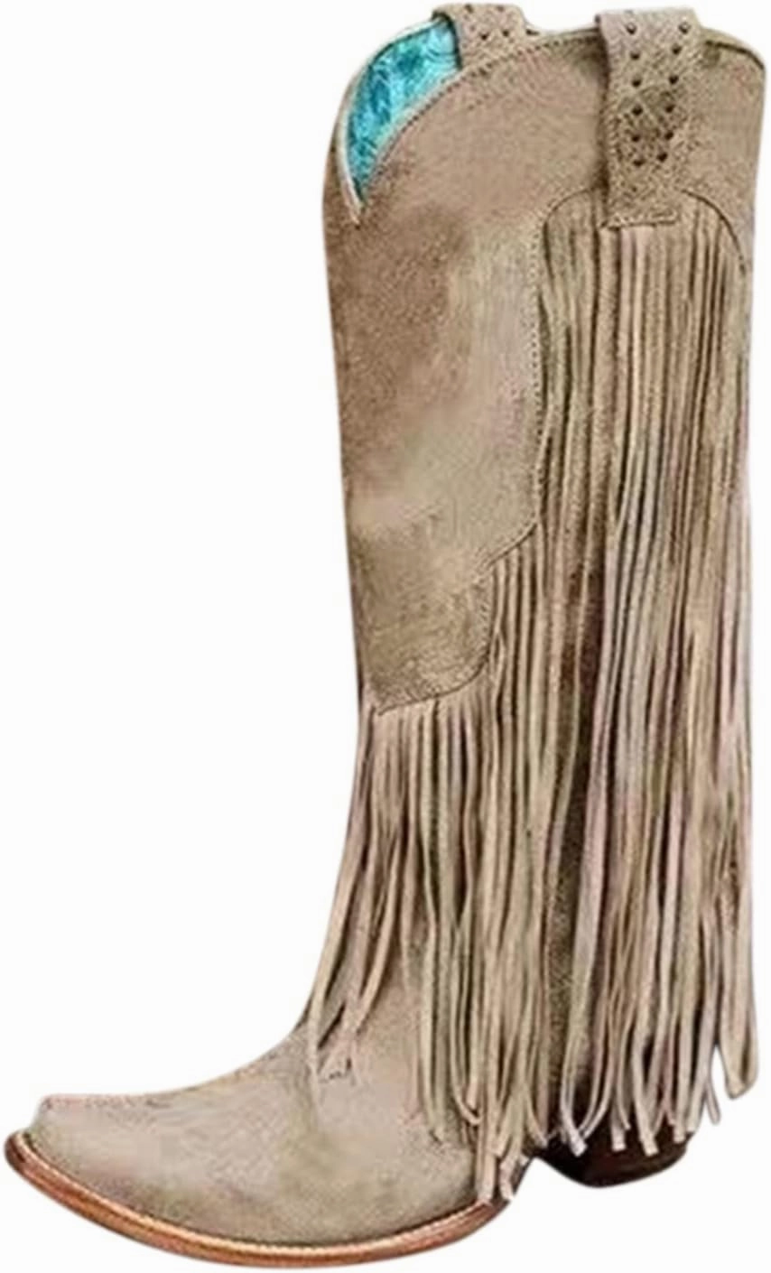 Cowboy Boots for Women Knee High Boots Women Large Size Chunky Heel Tassel Boots High Heel Shoes Thigh High Booties Knee-high Zip Boot