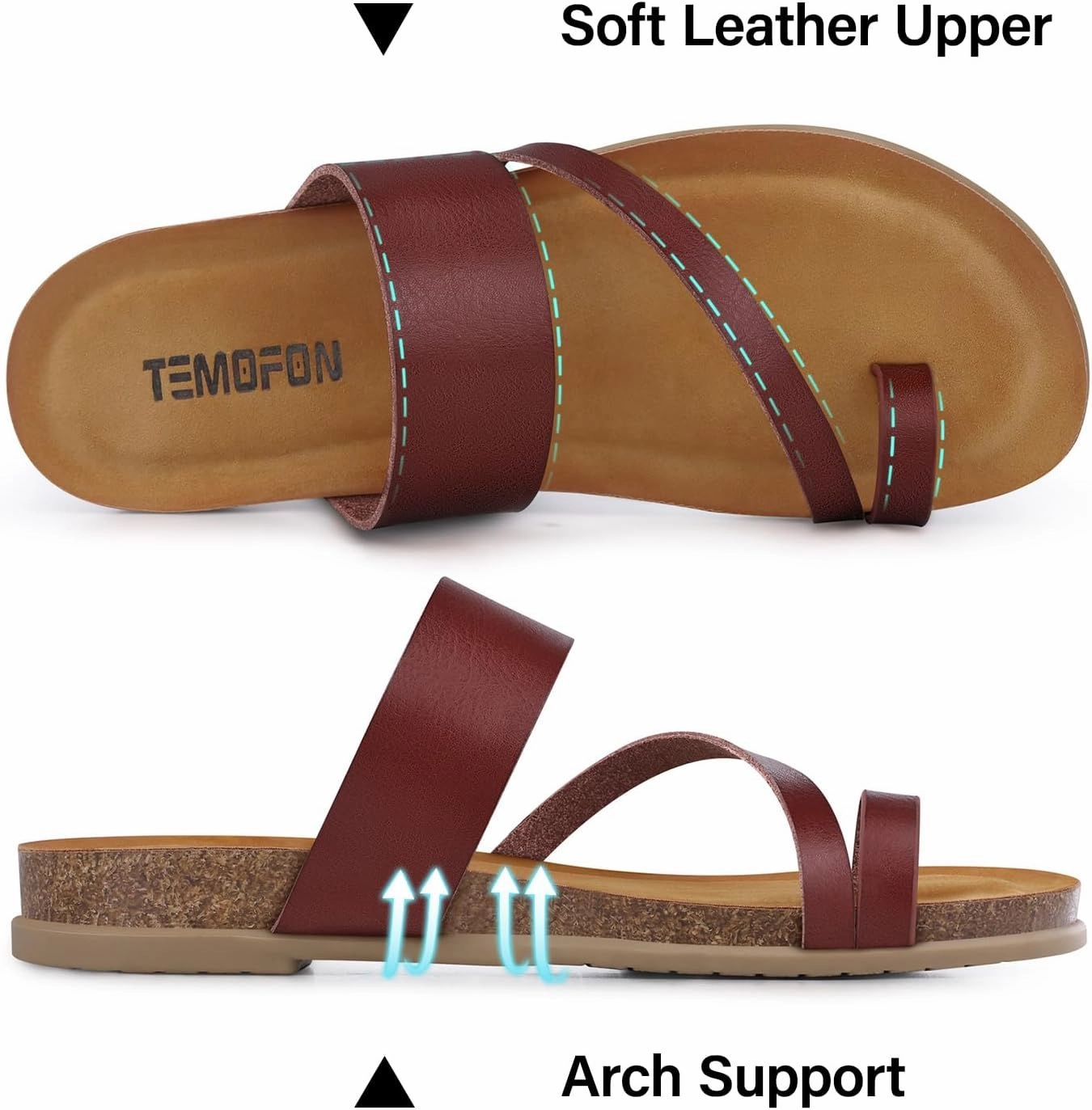 Flip Flops Water TEMOFON Women Summer Flip Flops: Genuine Leather Sandals, Cork Footbed, Comfortable Arch Support, Black/White/Brown/Nude Thong Sandals Size 5-11