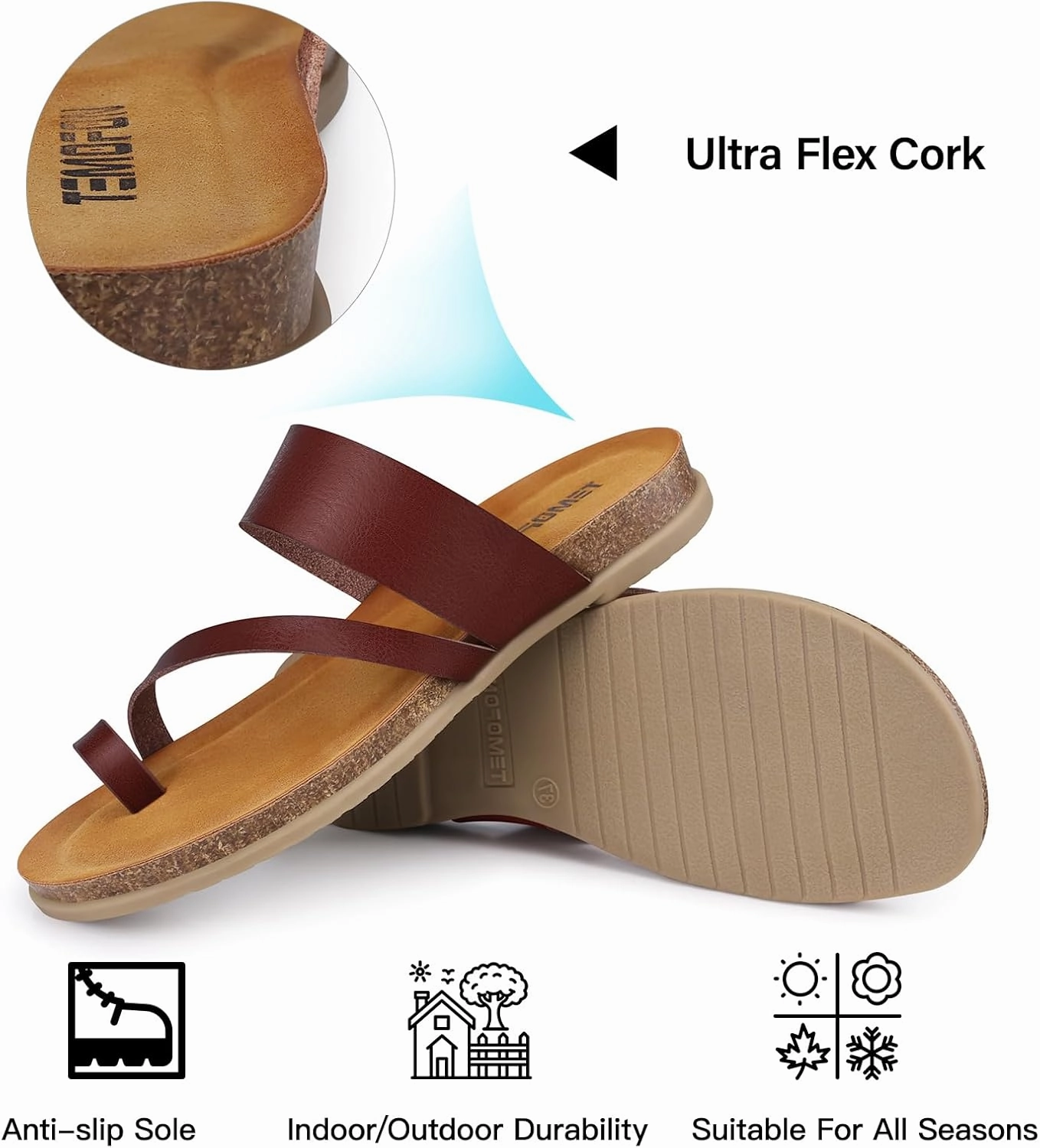 Rider Grendene Flip Flops TEMOFON Women Summer Flip Flops: Genuine Leather Sandals, Cork Footbed, Comfortable Arch Support, Black/White/Brown/Nude Thong Sandals Size 5-11