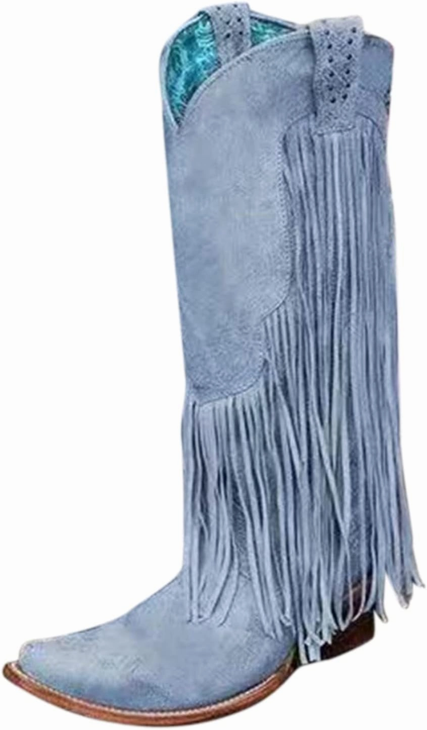 Boots For Women Tassel Western Chunky Heel Cowgirl Boots Retro Pull On Suede Knee High Cowboy Boots Combat Boots With Sparkles