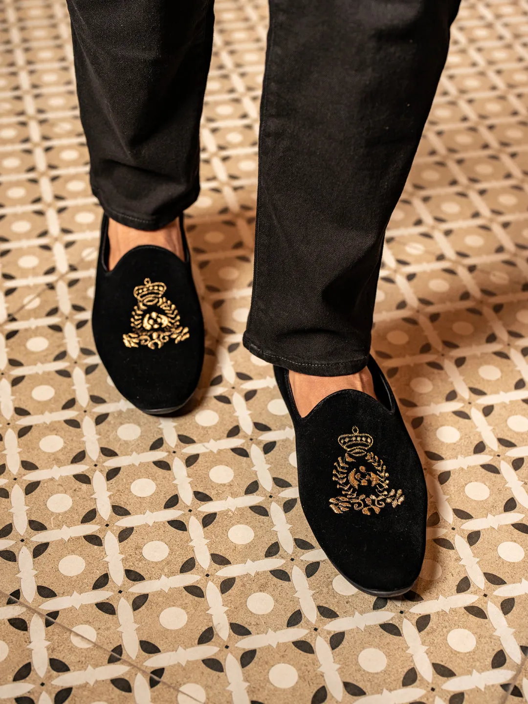 Penny Loafers Coin Men Black Velvet Embroidery Design Party Casual Loafer Shoes