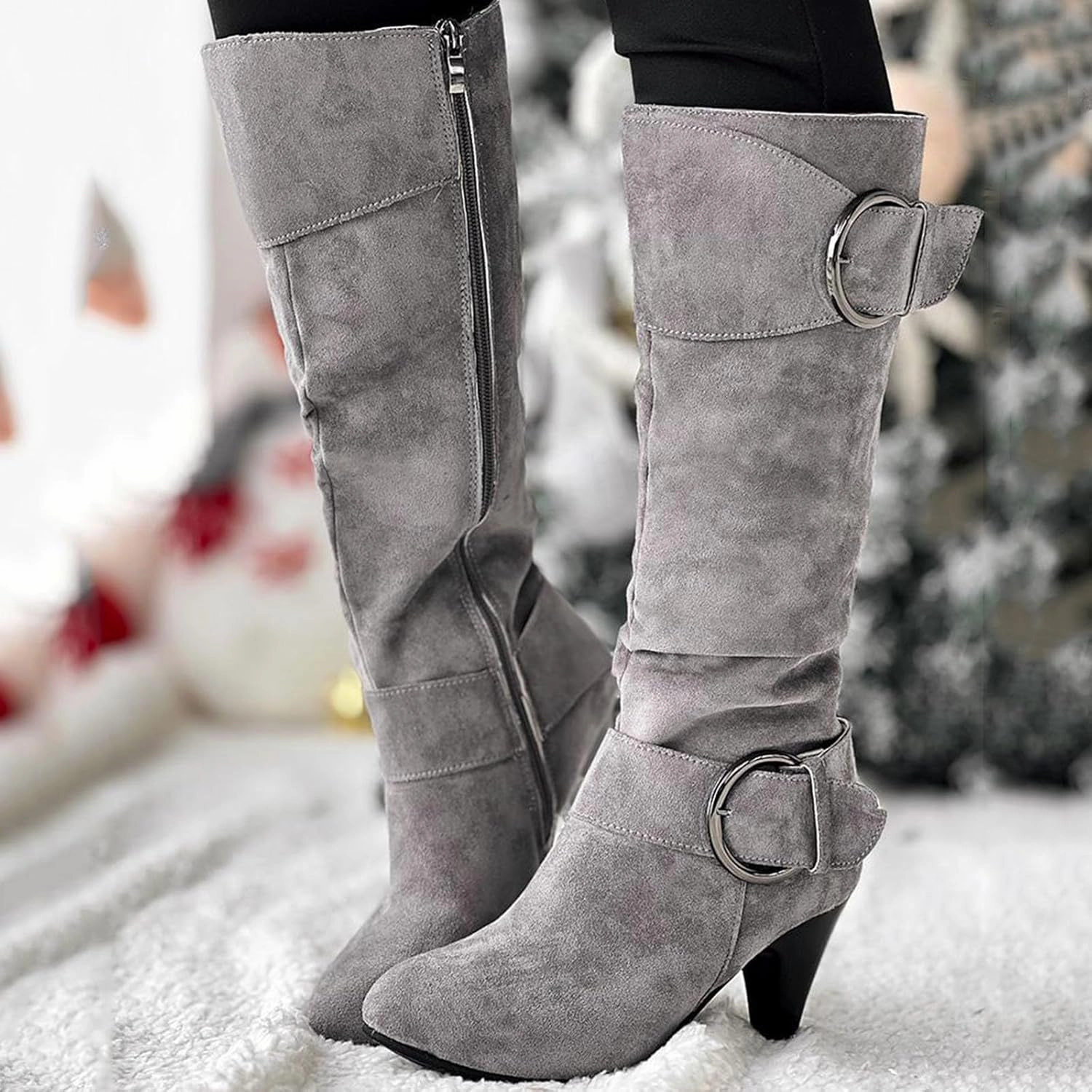 Knee High Boots Women High Heel Fashion Belt Buckle Wine Glass Heel Pointed Toe Solid Color Thigh High Knee Boots Knee High Gaiter Boots