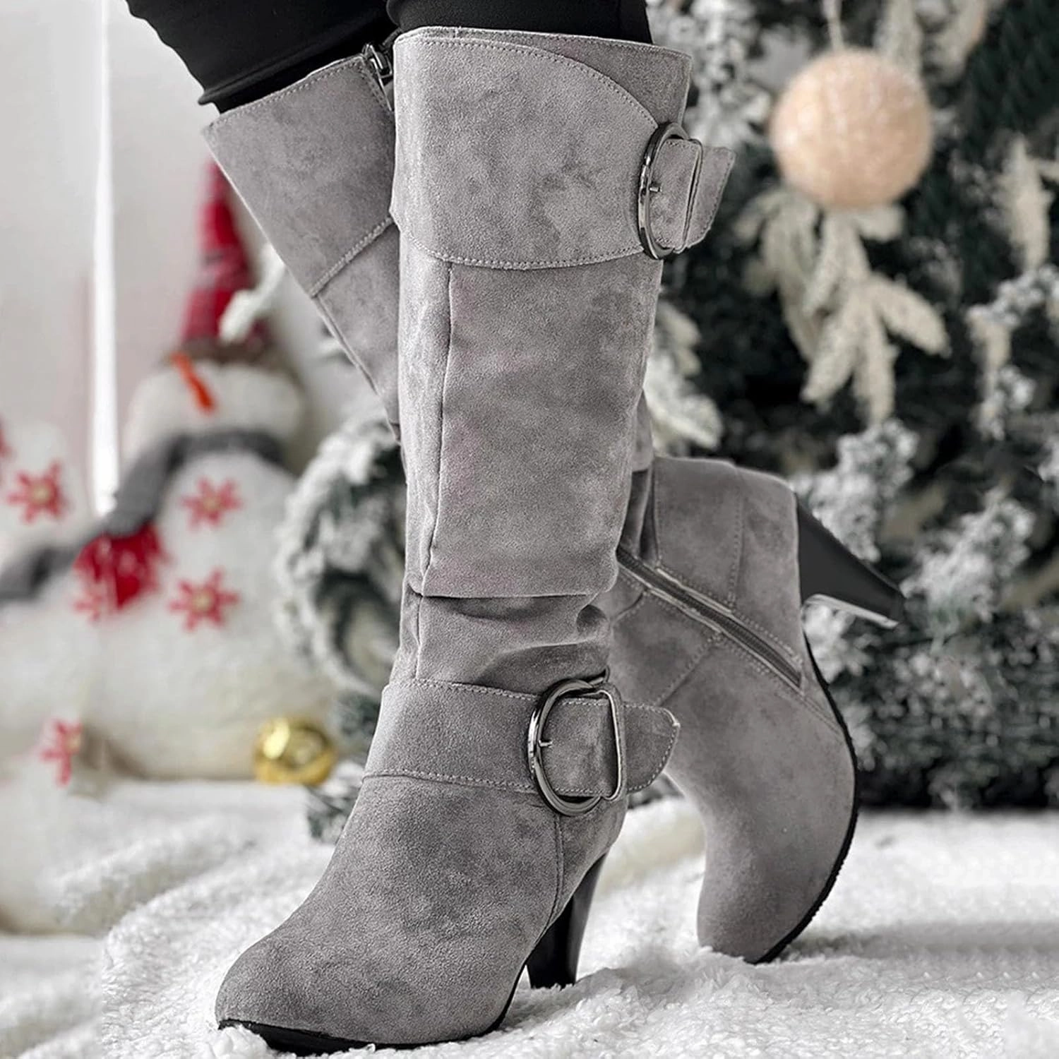 Wearing Knee High Boots With Dresses Knee High Boots Women High Heel Fashion Belt Buckle Wine Glass Heel Pointed Toe Solid Color Thigh High Knee Boots