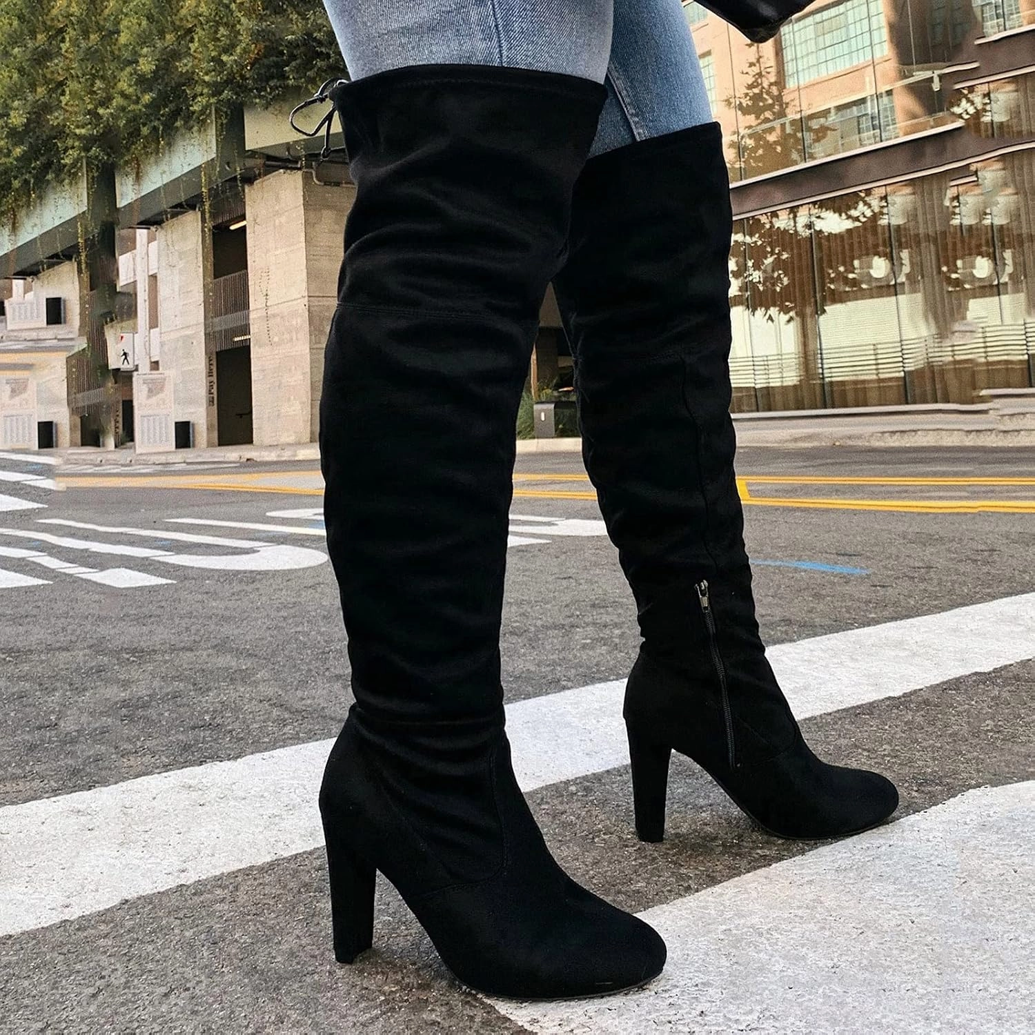 Shearling Knee High Boots Thigh High Boots Platform Over the Knee Boots for Women Knee High Boots Fashion Round Toe Chunky Heel Stretchy Over-the-Knee Boots Comfortable Suede Stretch Boots Long Fall Boots