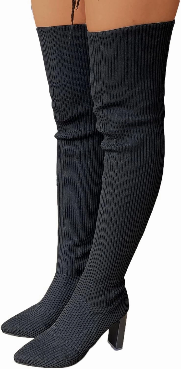 Over the Knee Boots for Women Platform Thigh High Boots Chunky Heel Knee High Boots Round Toe Stretch Suede Over-the-Knee Boots Fashion Long Boot Sexy Fall Boots Leather Fitted Knee High Boots