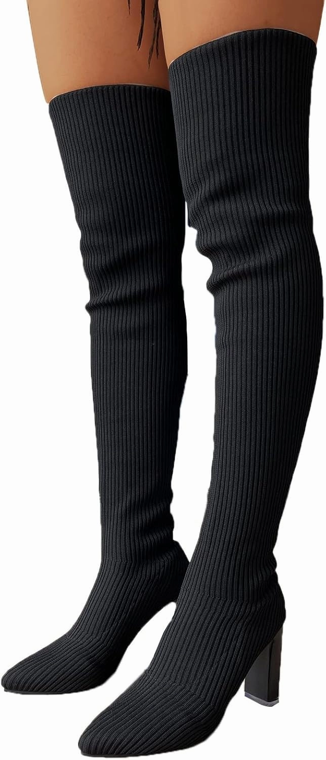 Knee High Boots Clubbing Outfits Over the Knee Boots for Women Platform Thigh High Boots Chunky Heel Knee High Boots Round Toe Stretch Suede Over-the-Knee Boots Fashion Long Boot Sexy Fall Boots