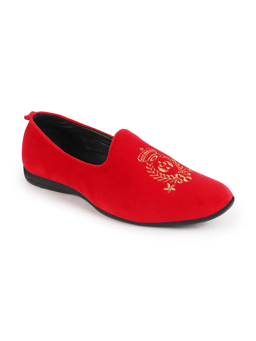 Wide Fit Loafers Men Rose Red Velvet Embroidery Party Casual Loafer Shoes