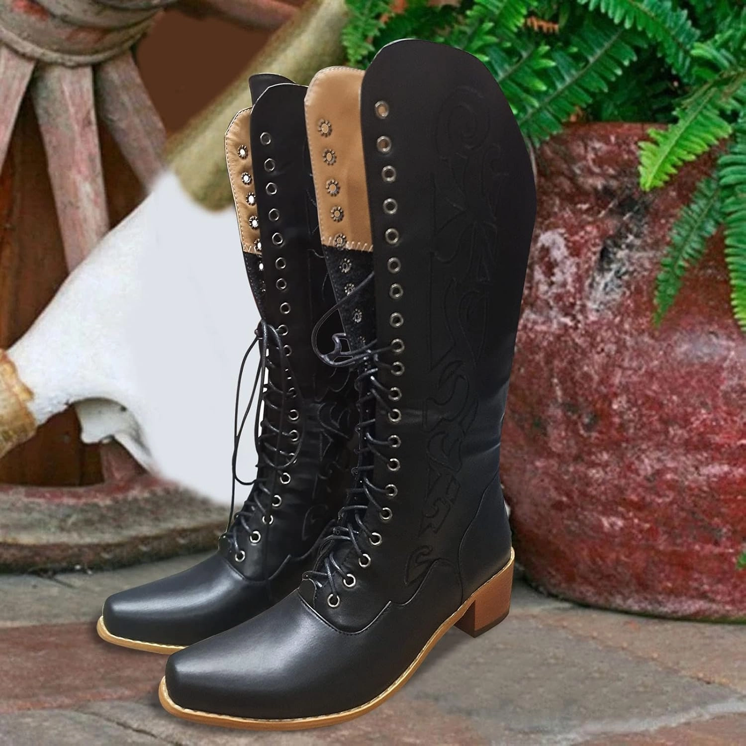 Shiny Leather Combat Boots Boots For Women Vintage Cross Strappy Cowboy Boots Embroidered Pointed Cowgirl Western Mid-Calf Boots