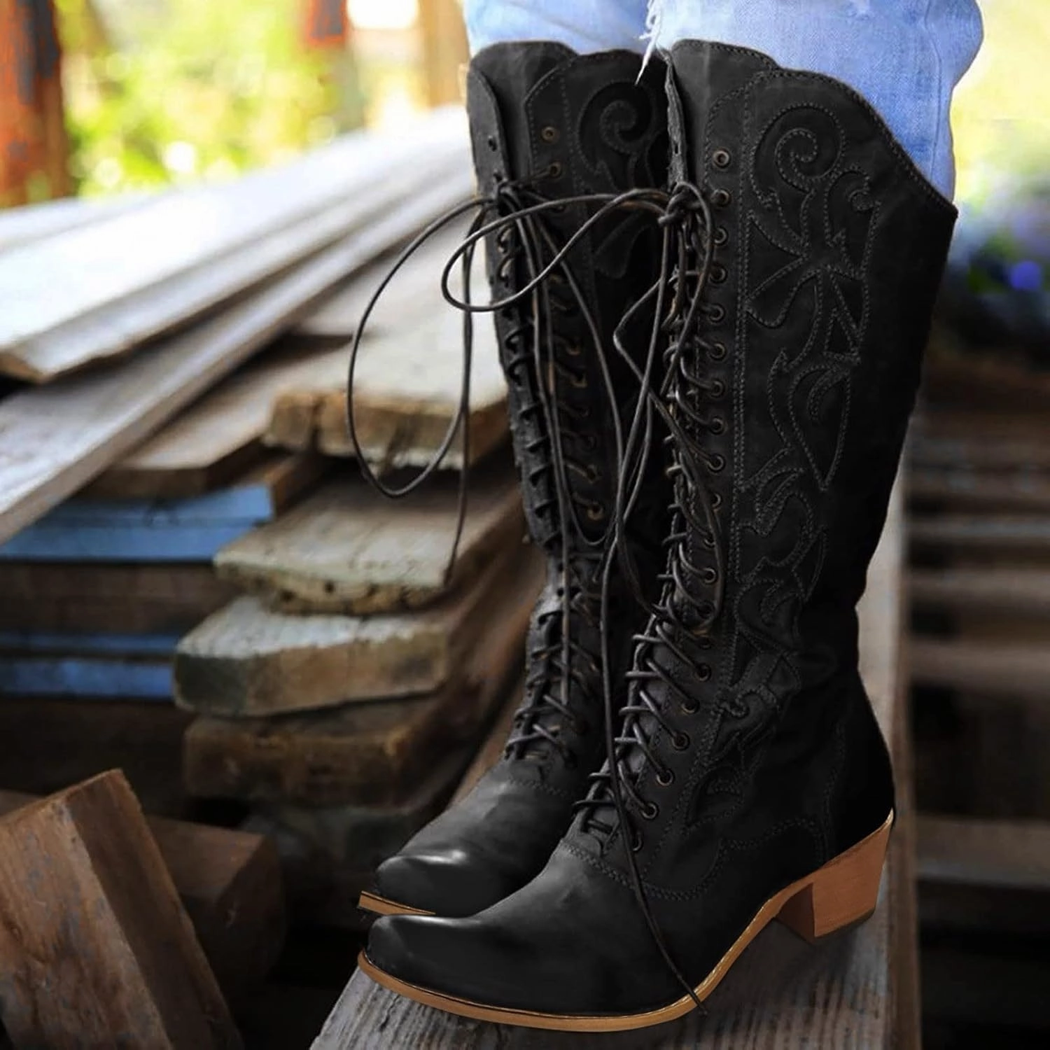 Combat Boots Summer Boots For Women Vintage Cross Strappy Cowboy Boots Embroidered Pointed Cowgirl Western Mid-Calf Boots