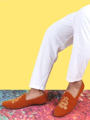 Men Tan Velvet Embroidery Design Party Casual Loafer Shoes Best Loafers With Arch Support