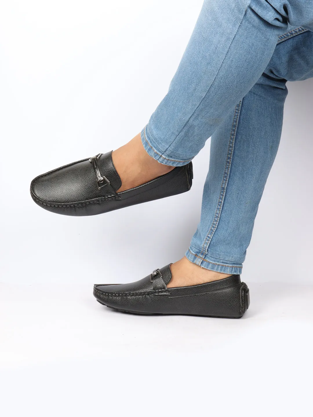 Horsebit Driving Loafers Men Black Casual Slip On Textured Stitched Design Driving Loafer and Moccasin Shoes