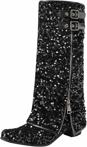Combat Boots With Wide Leg Pants Cowgirl Boots Women Sequin Performance Low Chunky Heels Western Cowboy Boots Knee High Zipper Buckle Bootie