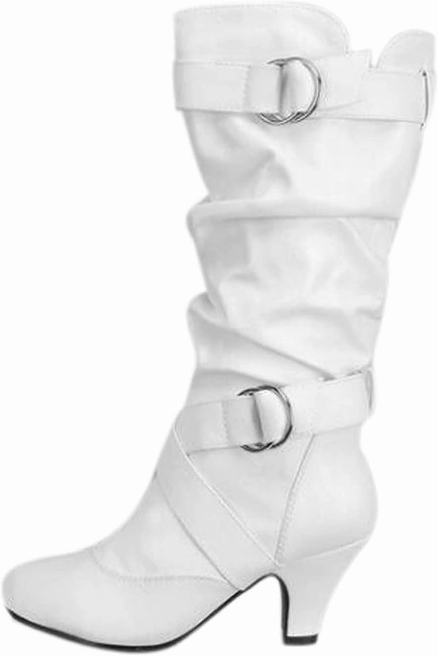 Combat Boots Womens Pleated 2 Buckle Belt Knee High Boots Low Block Heel Thigh High Boots Tall Long Bootie Combat Boots Size 9