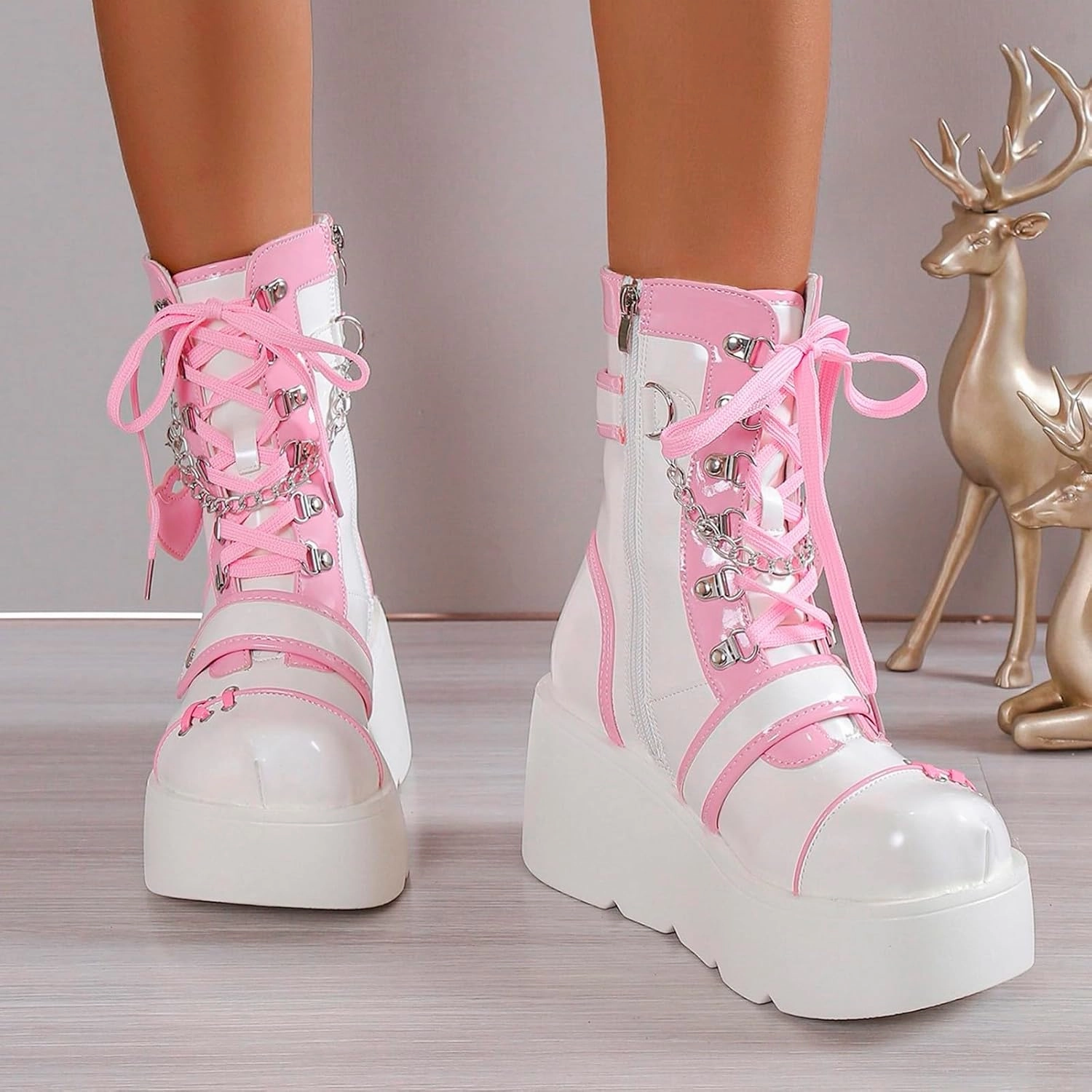 Weatherproof Combat Boot Boots For Women Y2K Gothic Combat Boots Motorcycle Wedge Platform Ankle Boots Zipper Lace-Up Booties