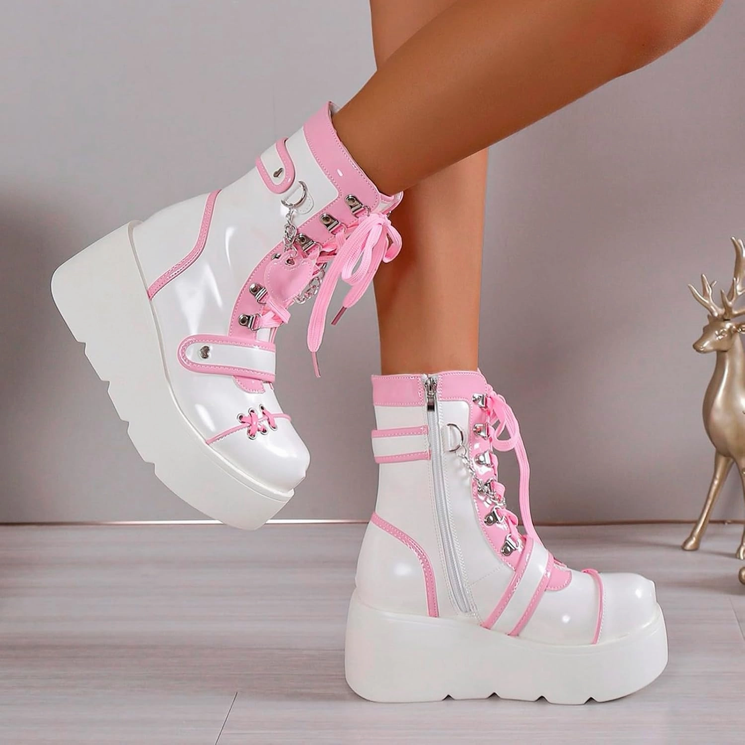 Combat Boots Fur Lined Boots For Women Y2K Gothic Combat Boots Motorcycle Wedge Platform Ankle Boots Zipper Lace-Up Booties