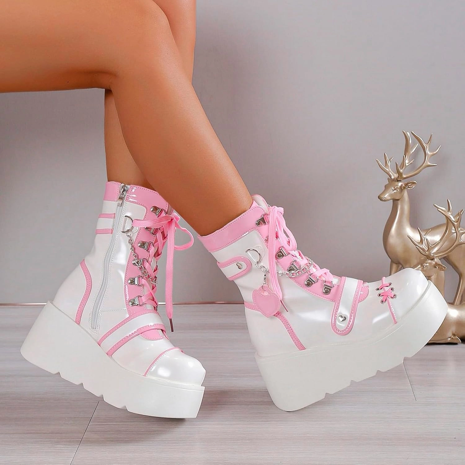 Thigh High Platform Combat Boots Boots For Women Y2K Gothic Combat Boots Motorcycle Wedge Platform Ankle Boots Zipper Lace-Up Booties