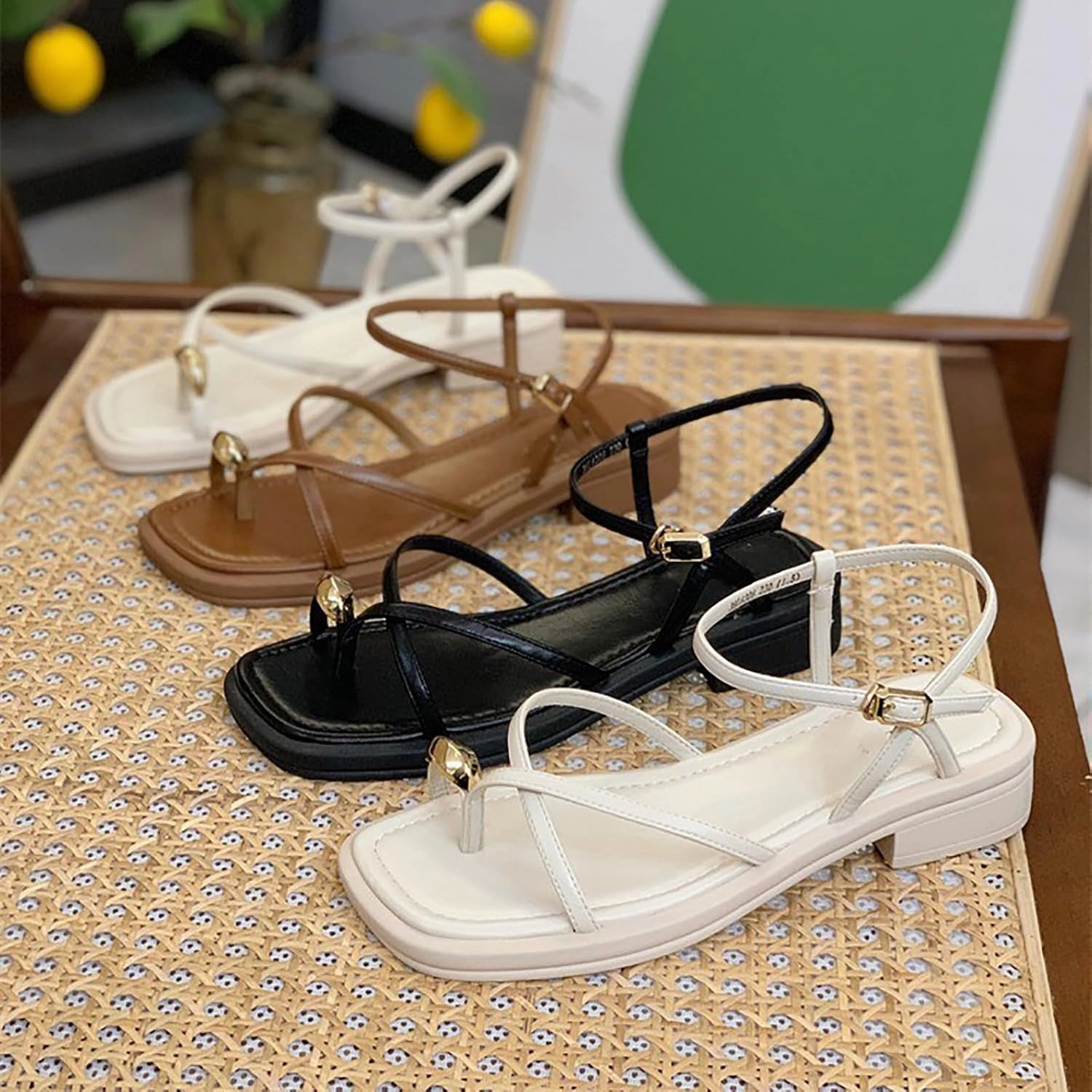 Disney Flip Flops Women's Summer Sandals With One Line Buckle Clip Toe Thick Heel Temperament Thin Strap Studded Sandals for Women