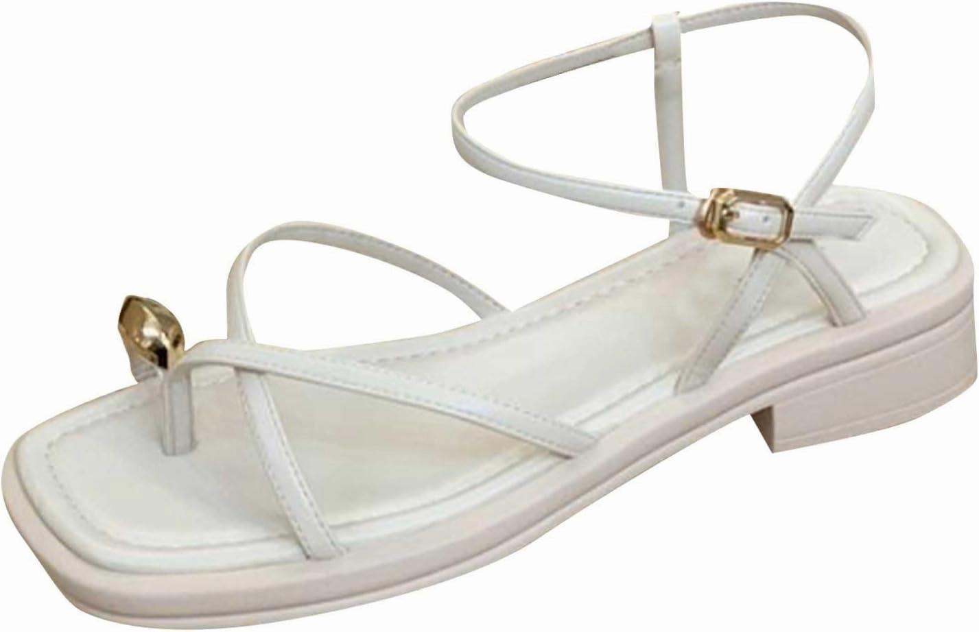 Women's Summer Sandals With One Line Buckle Clip Toe Thick Heel Temperament Thin Strap Studded Sandals for Women Flip Flops With Flower