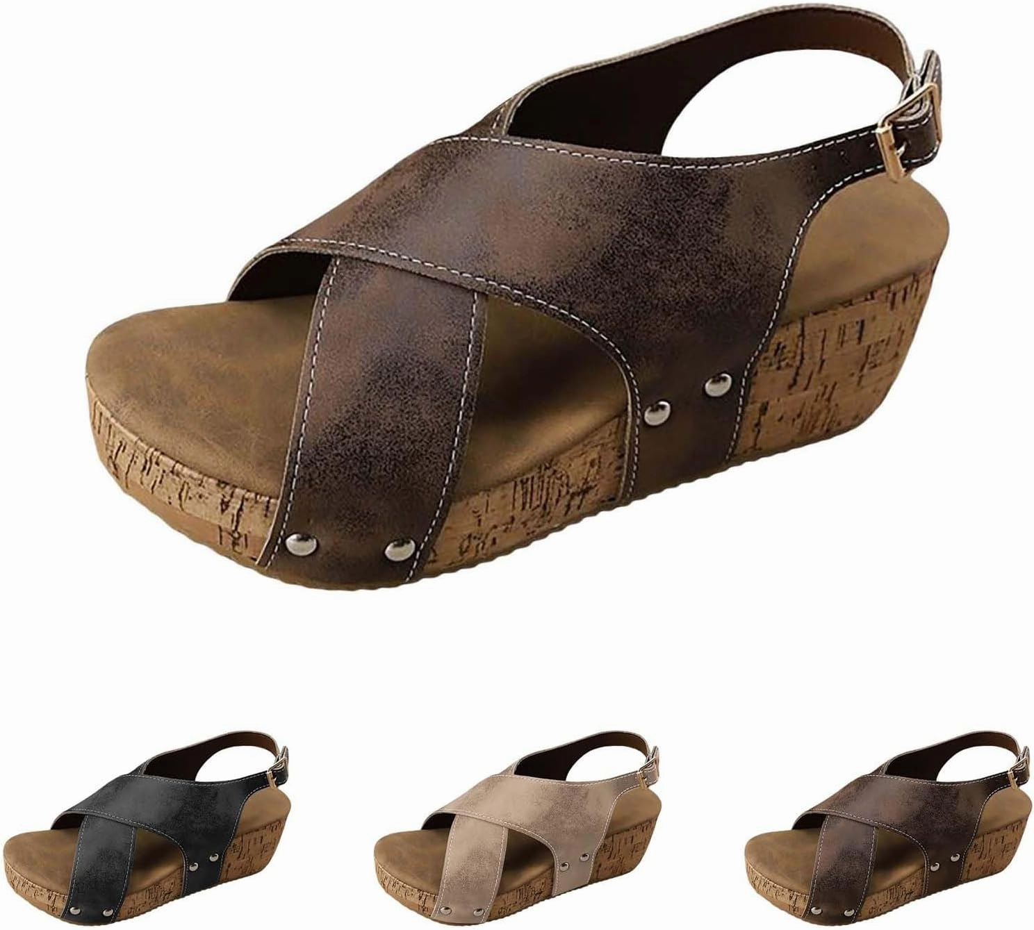 Cork Wedge Sandals for Women Arch Support Wide Width Orthopedic Sandals with Adjustable Buckle Cross Strap Dress Shoes Slip On Beach Slides Diamond Flip Flops