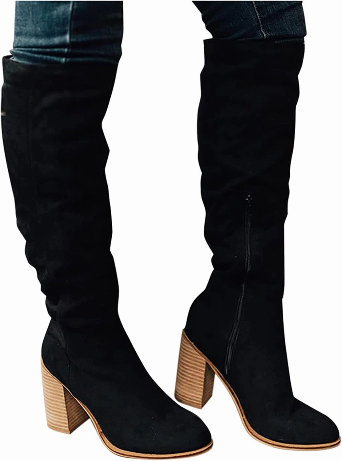 Comfortable Knee High Boots Leather Western Boots for Women Knee High Boots Women Cowboy Boots for Women Fashion Flock Chunky High Heels Slip on Boots