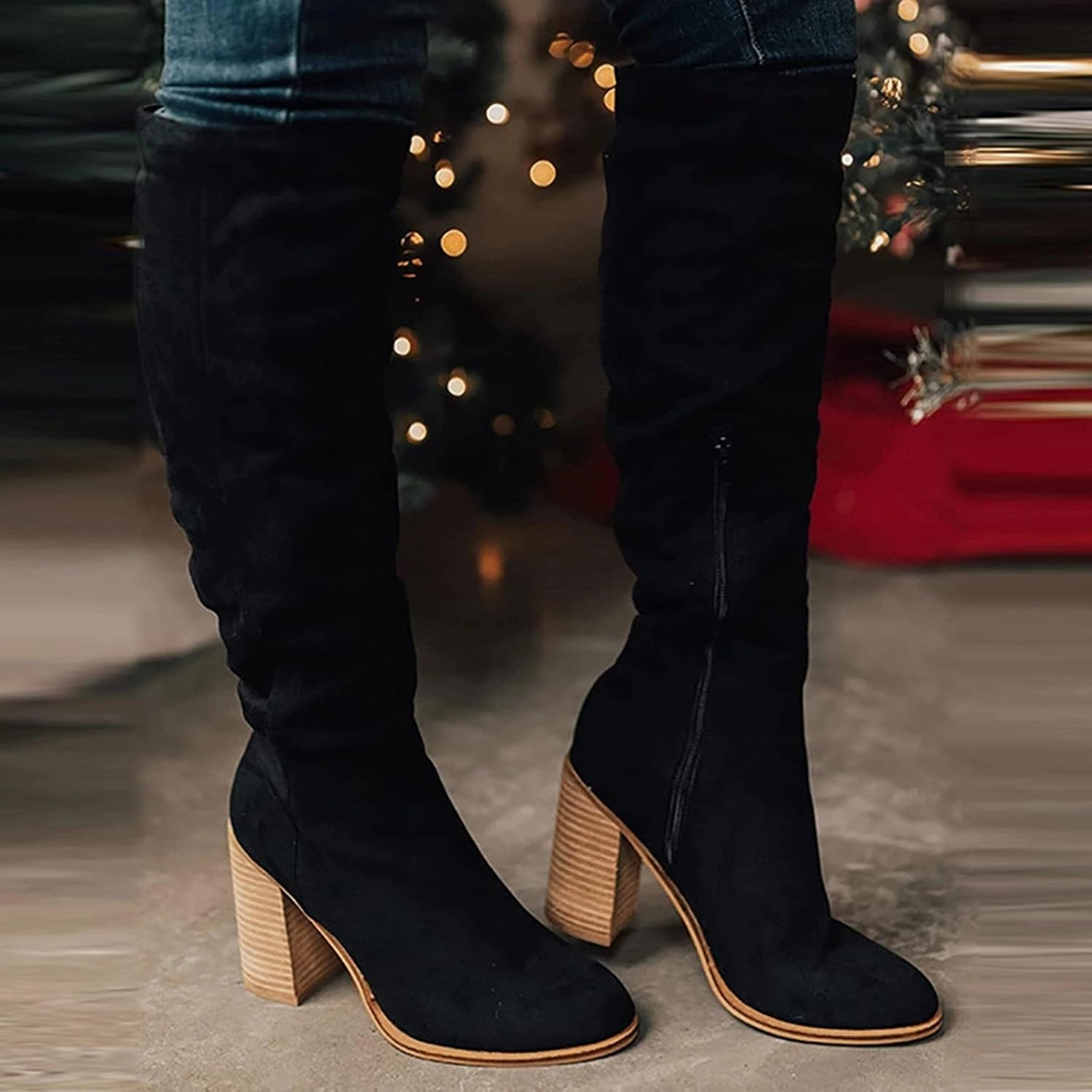 Western Boots for Women Knee High Boots Women Cowboy Boots for Women Fashion Flock Chunky High Heels Slip on Boots Jil Sander Knee High Boots