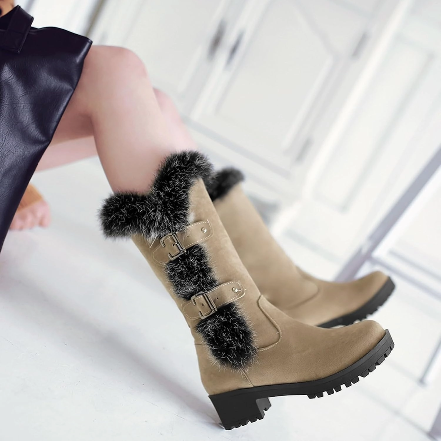 British Combat Boots White Cowgirl Boots Woman Keep Warm Hairy Suede Mid Calf Snow Boots Lace Low Block Heel Snow Winter Long Bootie