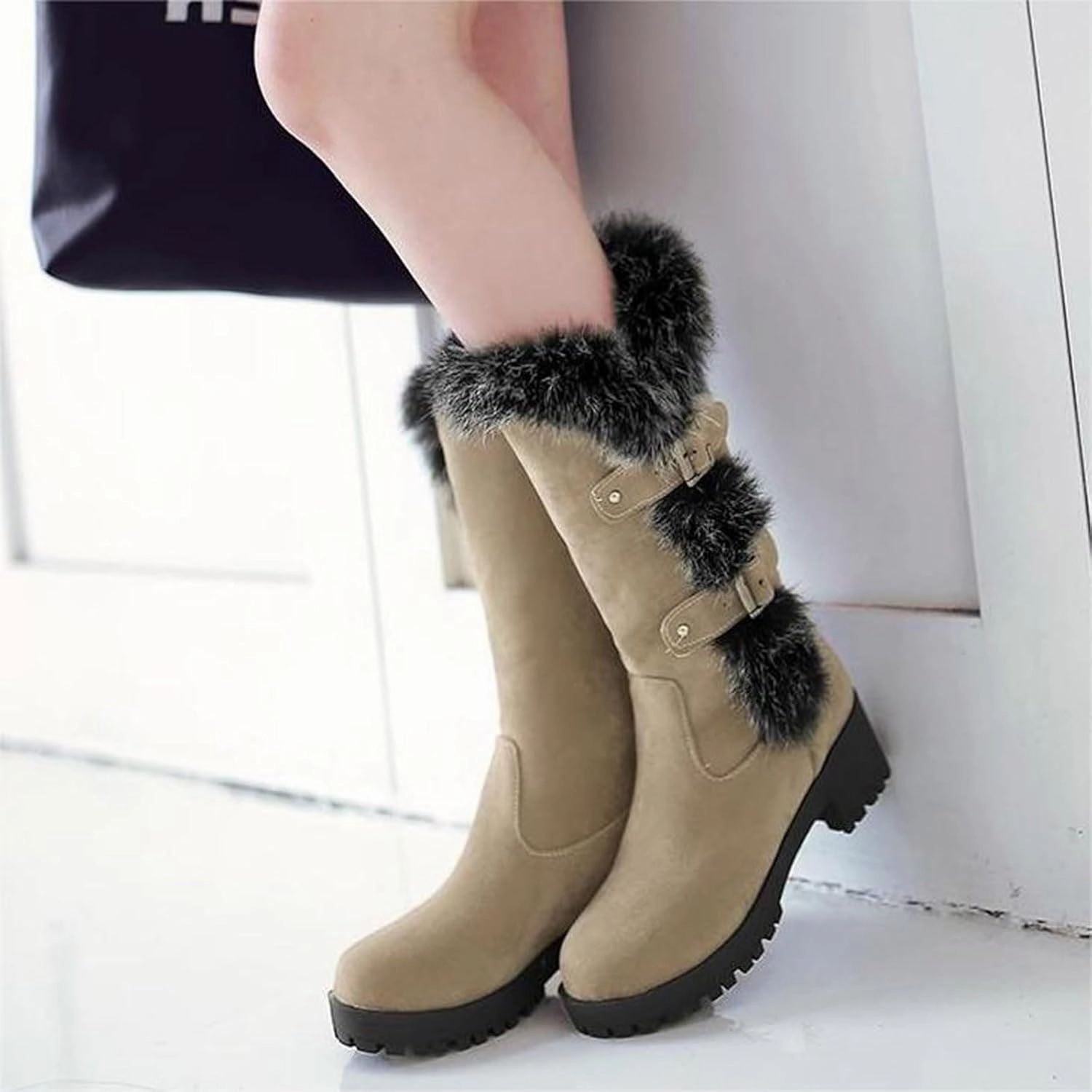 White Cowgirl Boots Woman Keep Warm Hairy Suede Mid Calf Snow Boots Lace Low Block Heel Snow Winter Long Bootie Combat Boots With A Heel
