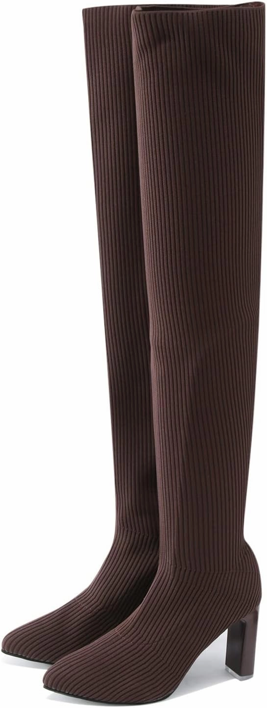 Over the Knee Boots for Women Platform Thigh High Boots Chunky Heel Knee High Boots Round Toe Stretch Suede Over-the-Knee Boots Fashion Long Boot Sexy Fall Boots Bodysuit And Knee High Boots