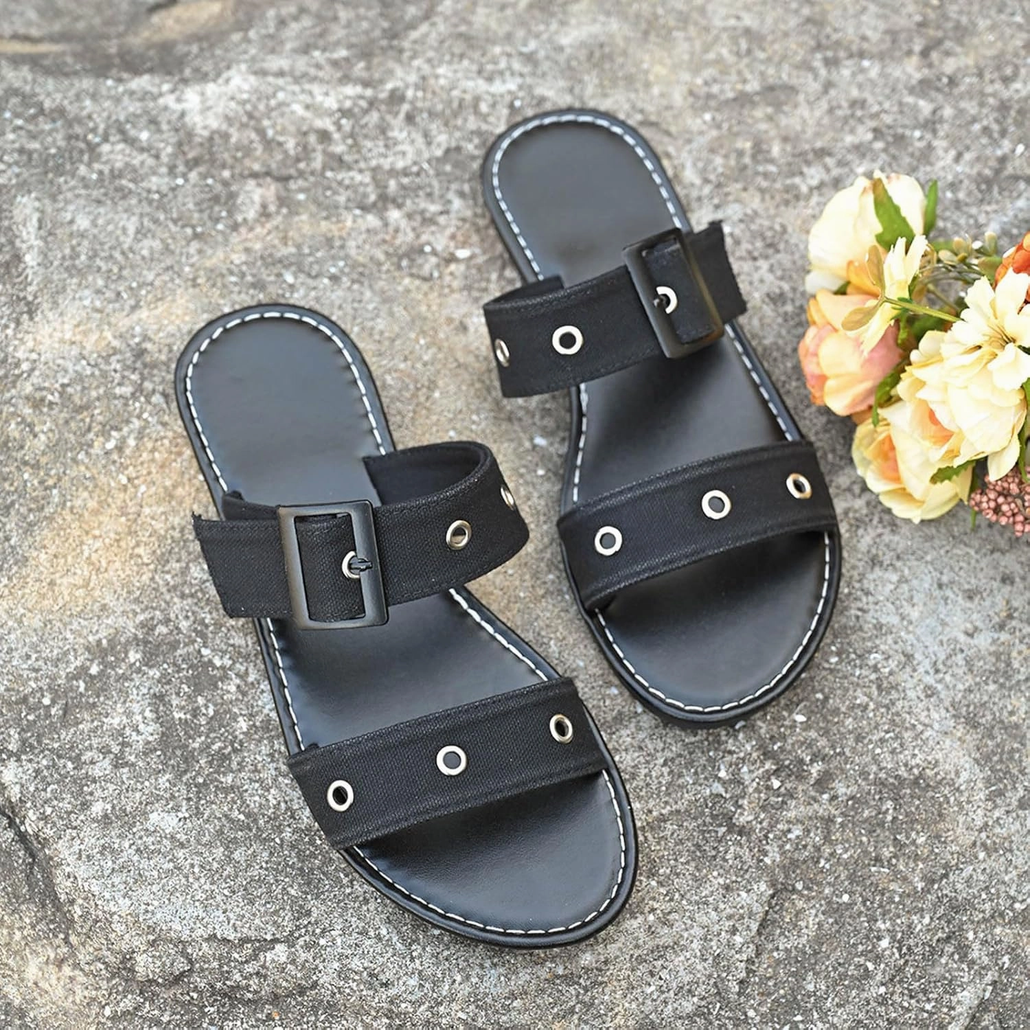 Wide Width Sandals for Women Casual Dressy Flats Slides Adjustable Buckle Straps Slip On Beach Slippers for Summer Tabi Flip Flops