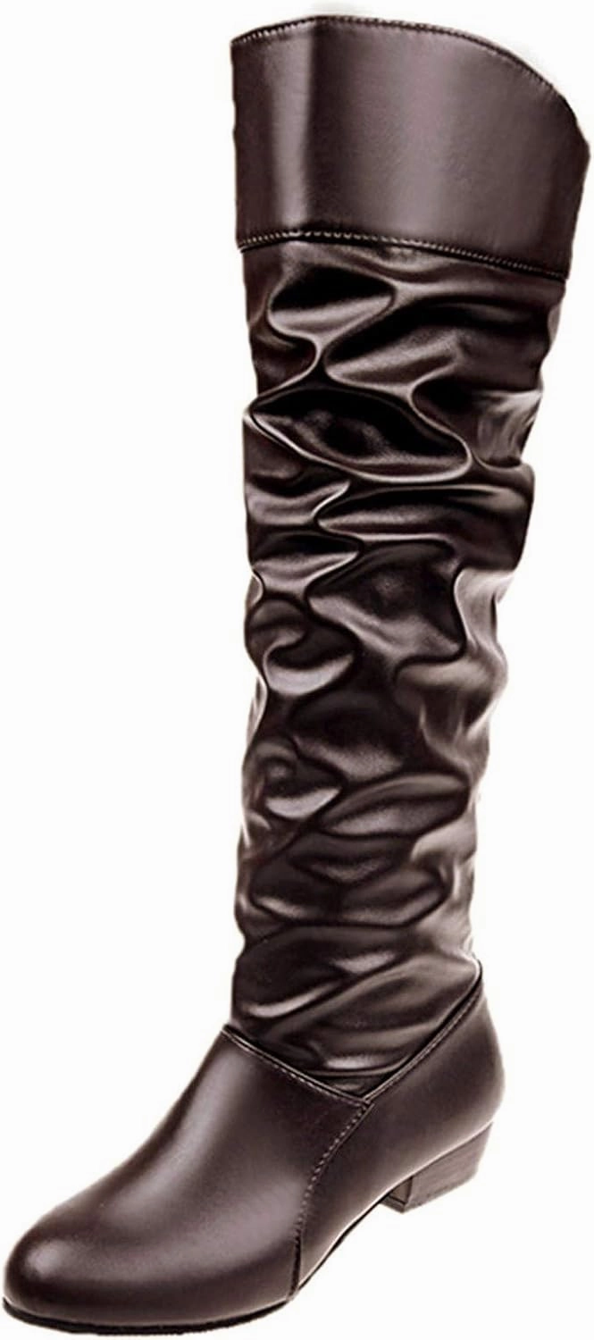 Combat Boots With Wedge Winter Boots For Women Pleated Knee High Boots Low Block Heel Thigh High Boots Over Knee Tall Long Bootie