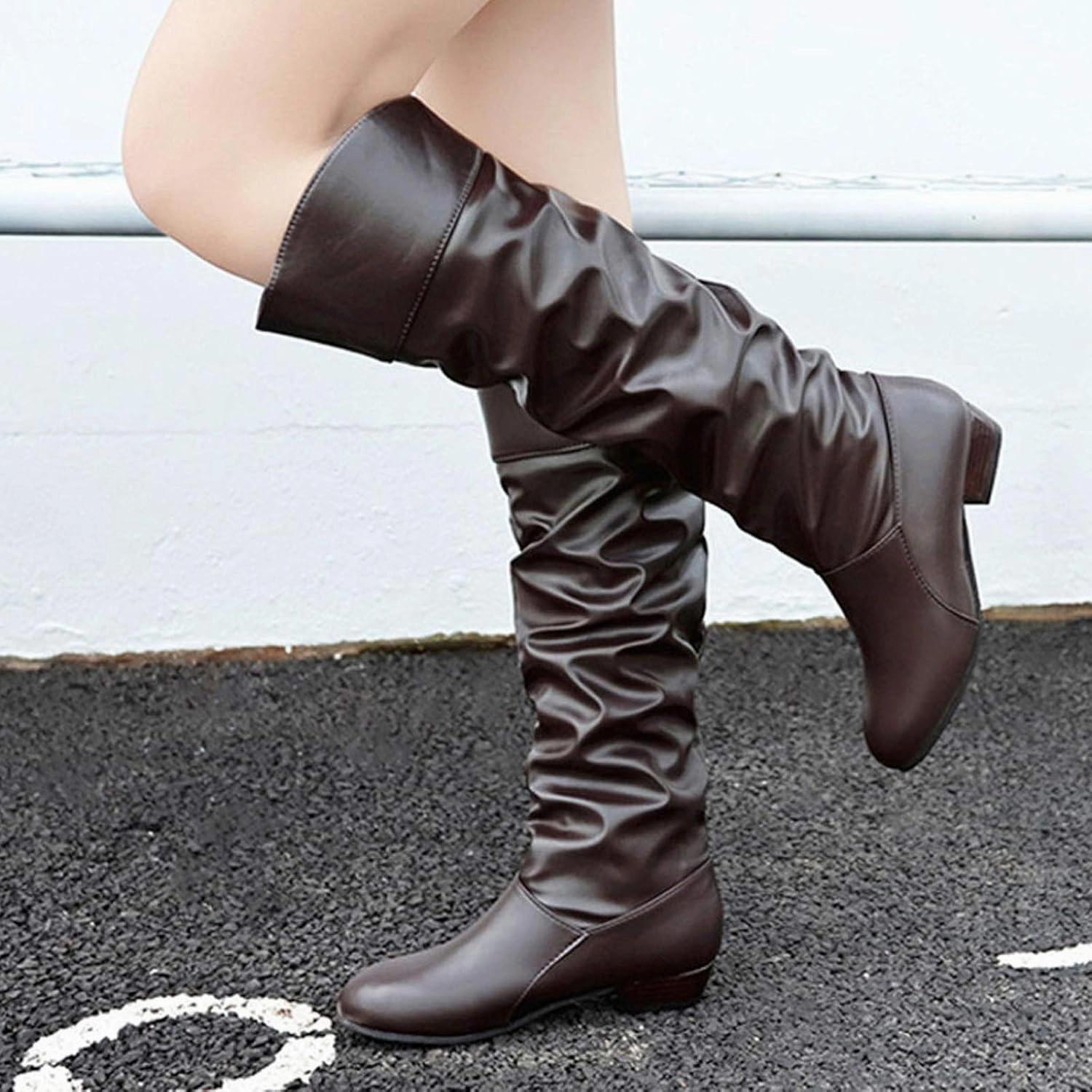 Winter Boots For Women Pleated Knee High Boots Low Block Heel Thigh High Boots Over Knee Tall Long Bootie 2 Inch Combat Boots