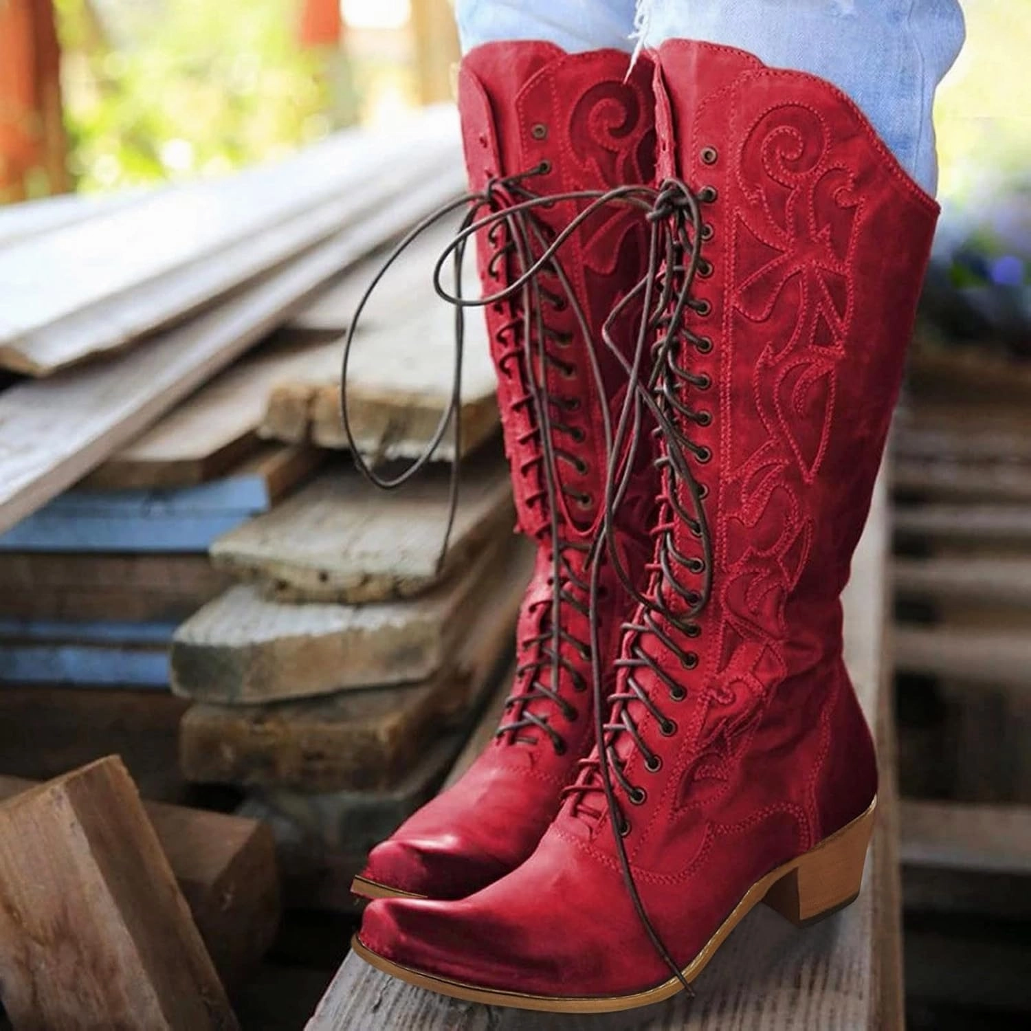 Winter Boots For Women Vintage Cross Strappy Cowboy Boots Embroidered Pointed Cowgirl Western Mid-Calf Boots Outfits With Combat Boot Heels