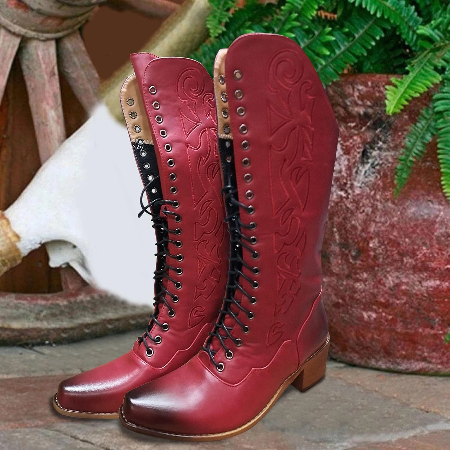 Jadon Platform Combat Boots Winter Boots For Women Vintage Cross Strappy Cowboy Boots Embroidered Pointed Cowgirl Western Mid-Calf Boots