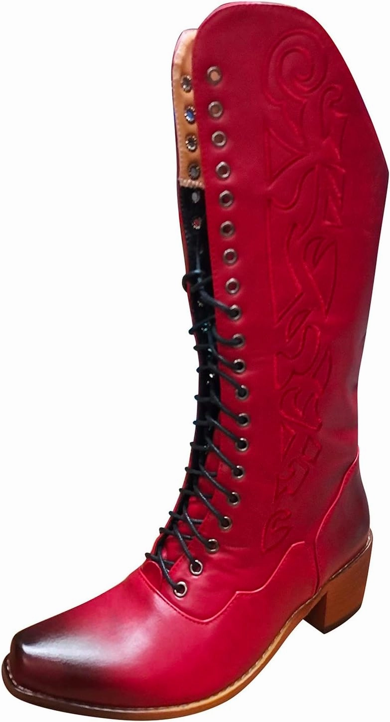 Winter Boots For Women Vintage Cross Strappy Cowboy Boots Embroidered Pointed Cowgirl Western Mid-Calf Boots Combat Boots Fashion