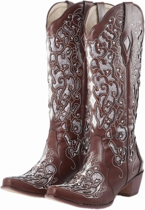 Combat Boots Womens Rhinestone Western Chunky Heel Boots Retro Pull On Embroidered Knee High Cowboy Boots Riding Combat Boots