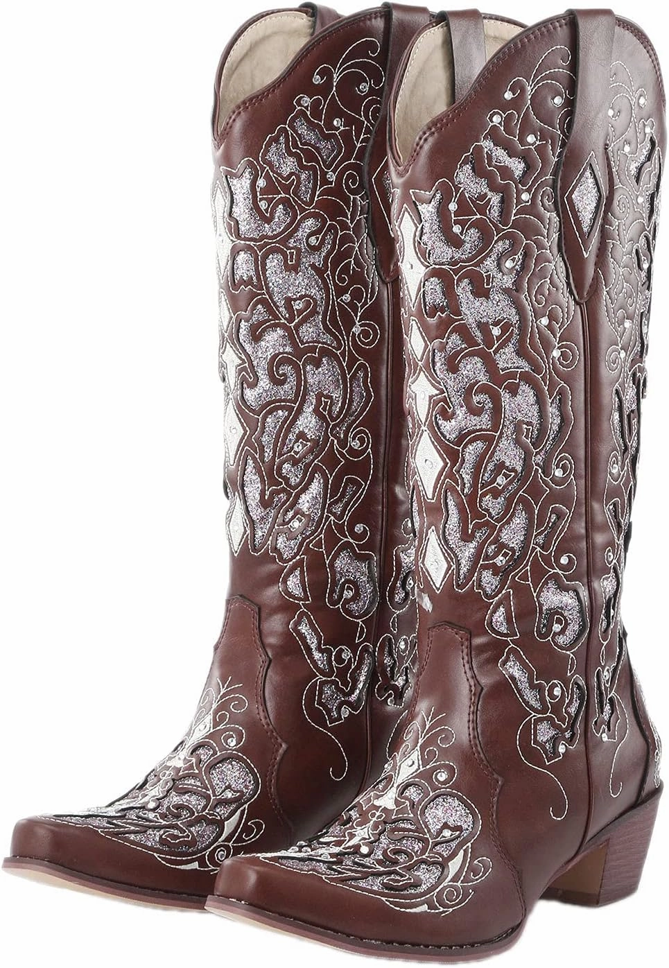 Combat Boots Womens Rhinestone Western Chunky Heel Boots Retro Pull On Embroidered Knee High Cowboy Boots Cosplay Combat Boots