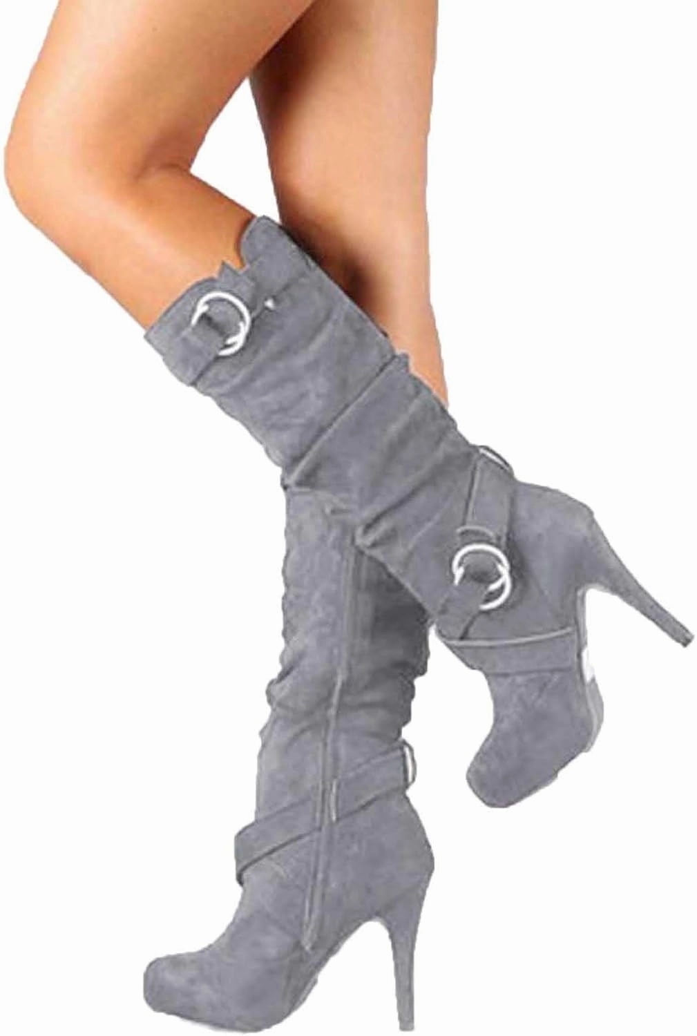 wodceeke Women's Stiletto High Heel Suede Boots Knee High Platform Sexy Boots Side Zippr Winter Dress Boots Wide Calf Knee High Boots Chunky Heel