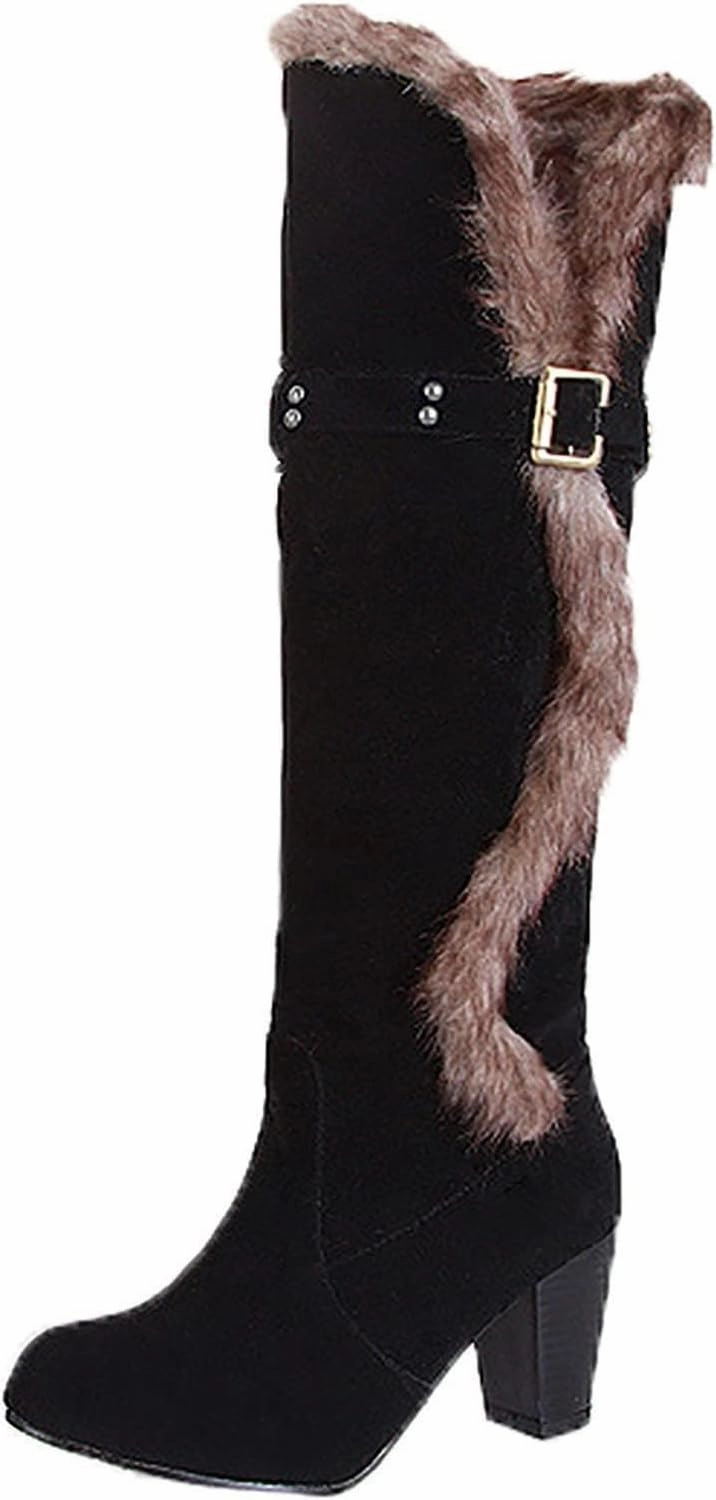Knee High Stretchy Boots wodceeke Women's Winter Warm Knee High Boots Fur Lined Snow Boots Chunky High Heel Wide Width Buckle Suede Boots