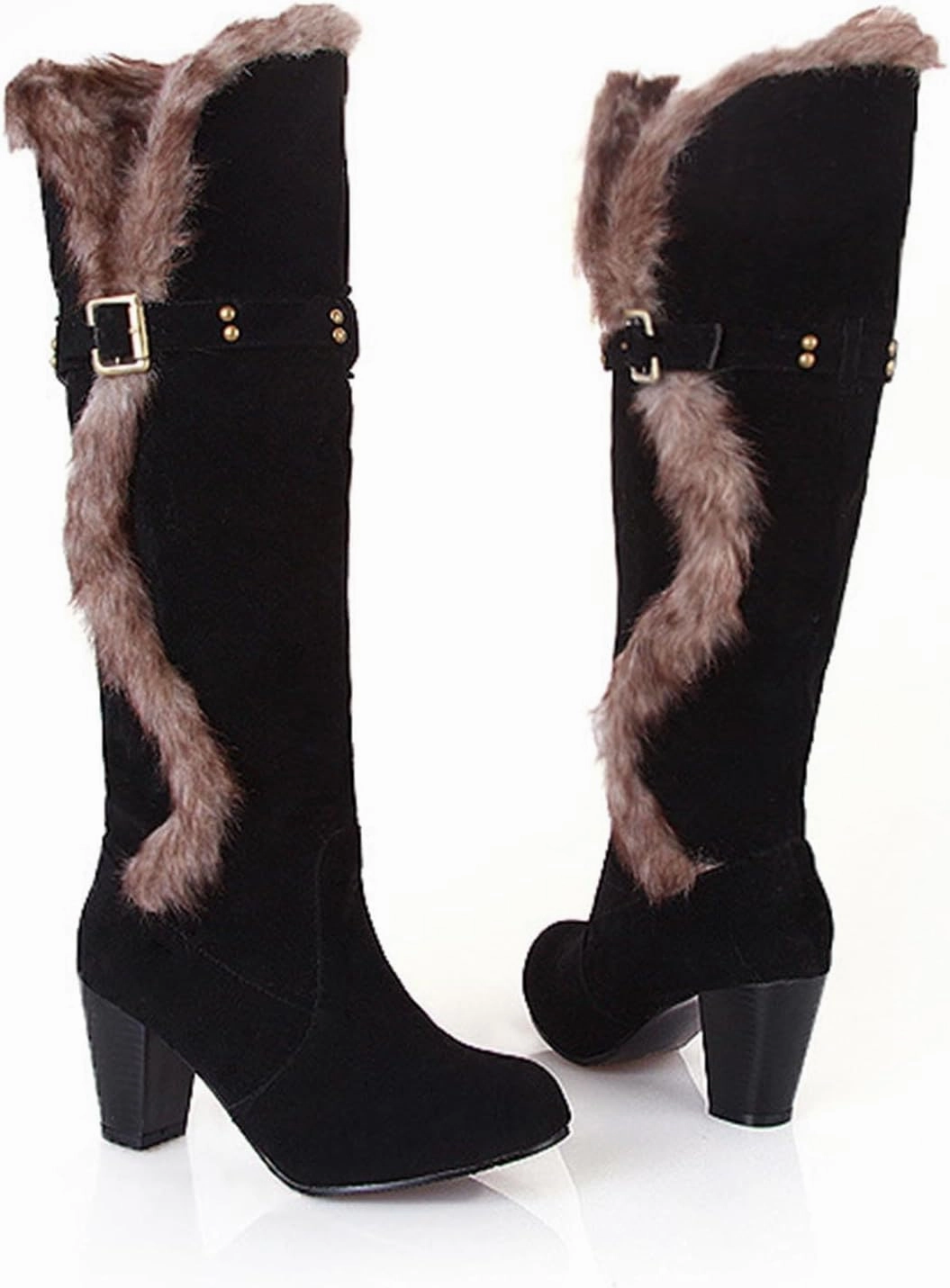 wodceeke Women's Winter Warm Knee High Boots Fur Lined Snow Boots Chunky High Heel Wide Width Buckle Suede Boots Foldover Shaft Pointed Toe Knee High Boot