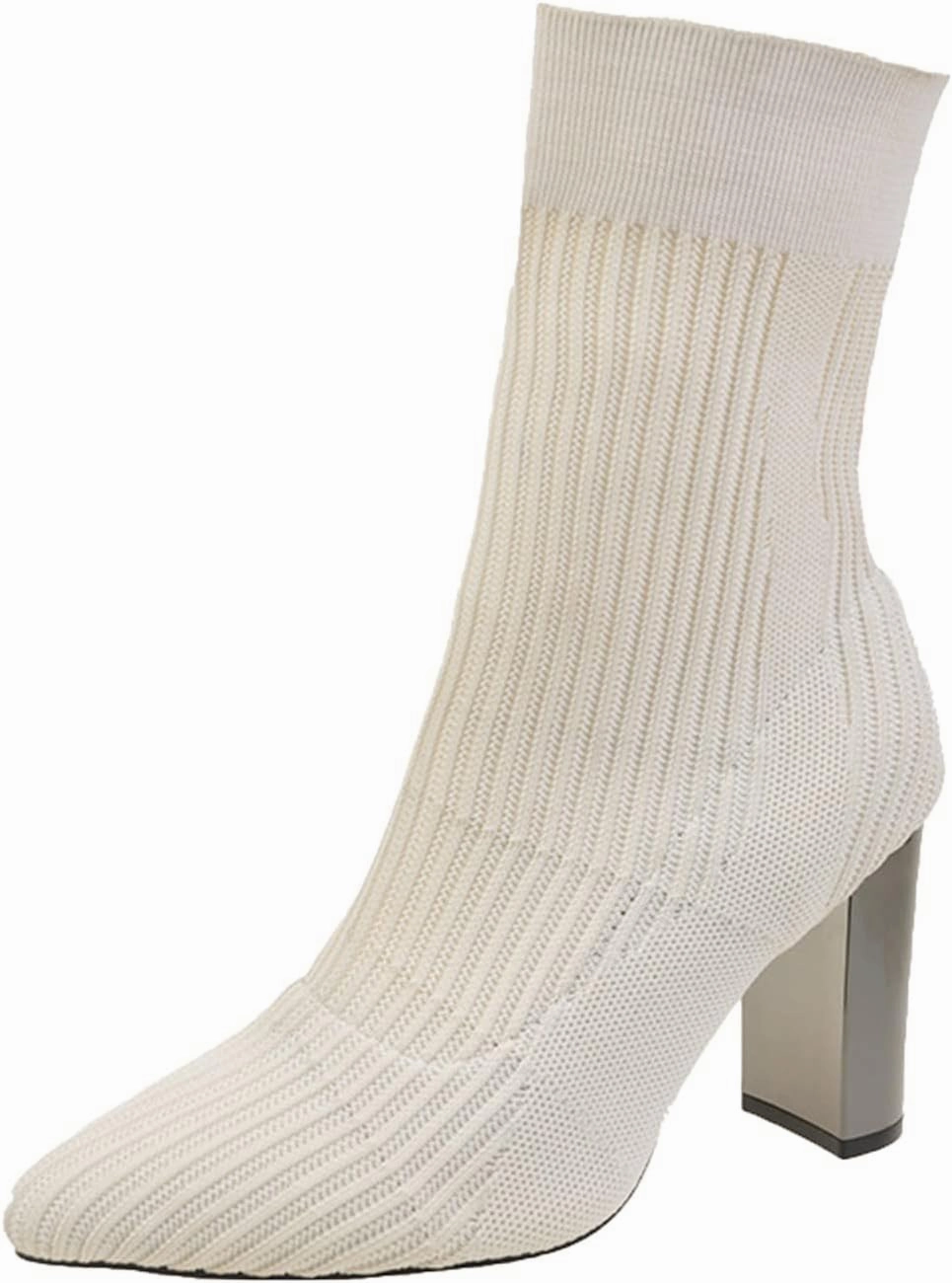 Women Ankle Boots Autumn and Winter Comfortable Pointed Toe Square Heel Stretch Knit Solid Color Slip Heel Boots Short (White, 8.5) Nike Max Tennis Shoes