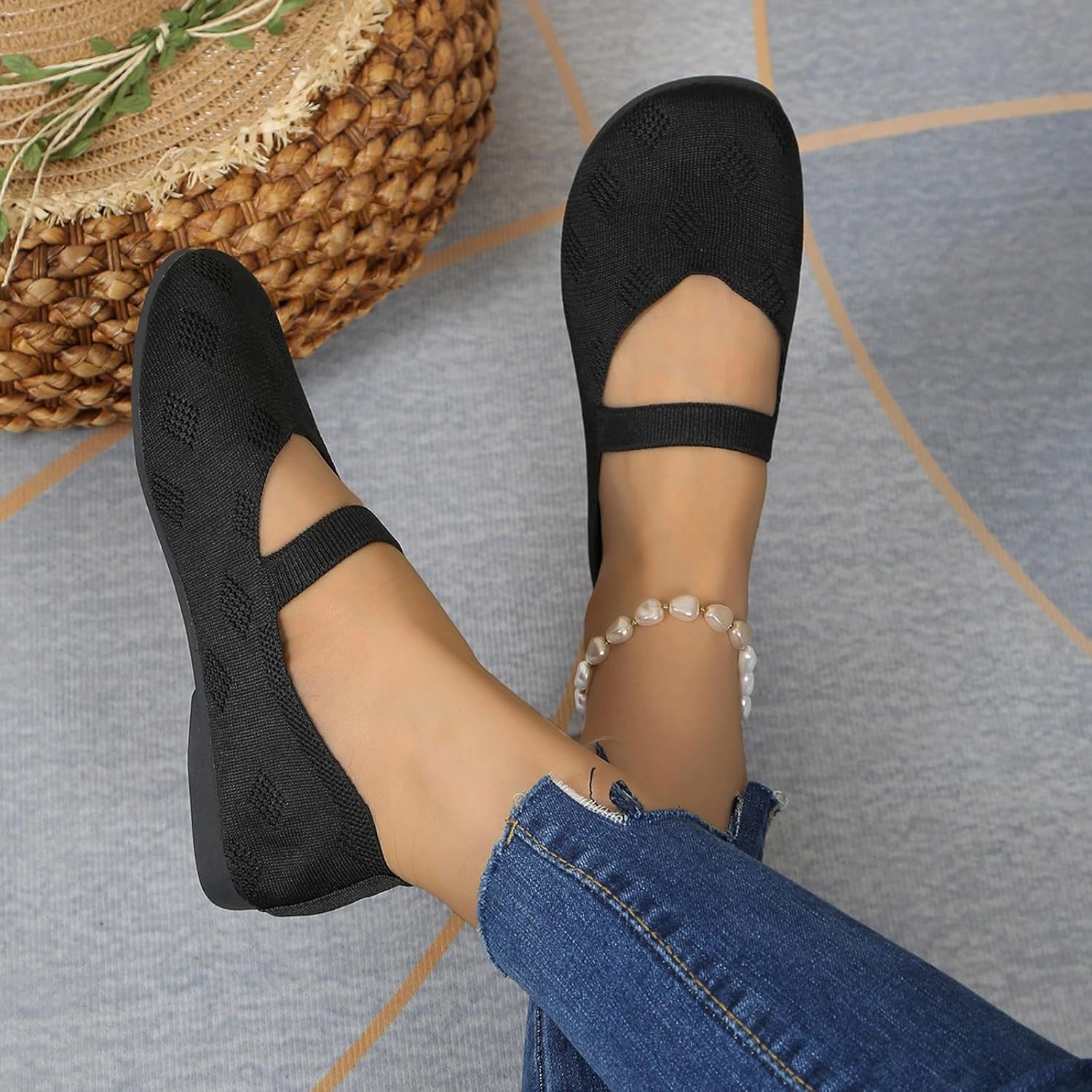 Women Black Ballet Shoes Mesh Slip on Flat Casual Shoes Dance Comdortable Breathable Lightweight Flat Shoes Best Tennis Shoe For High Arches